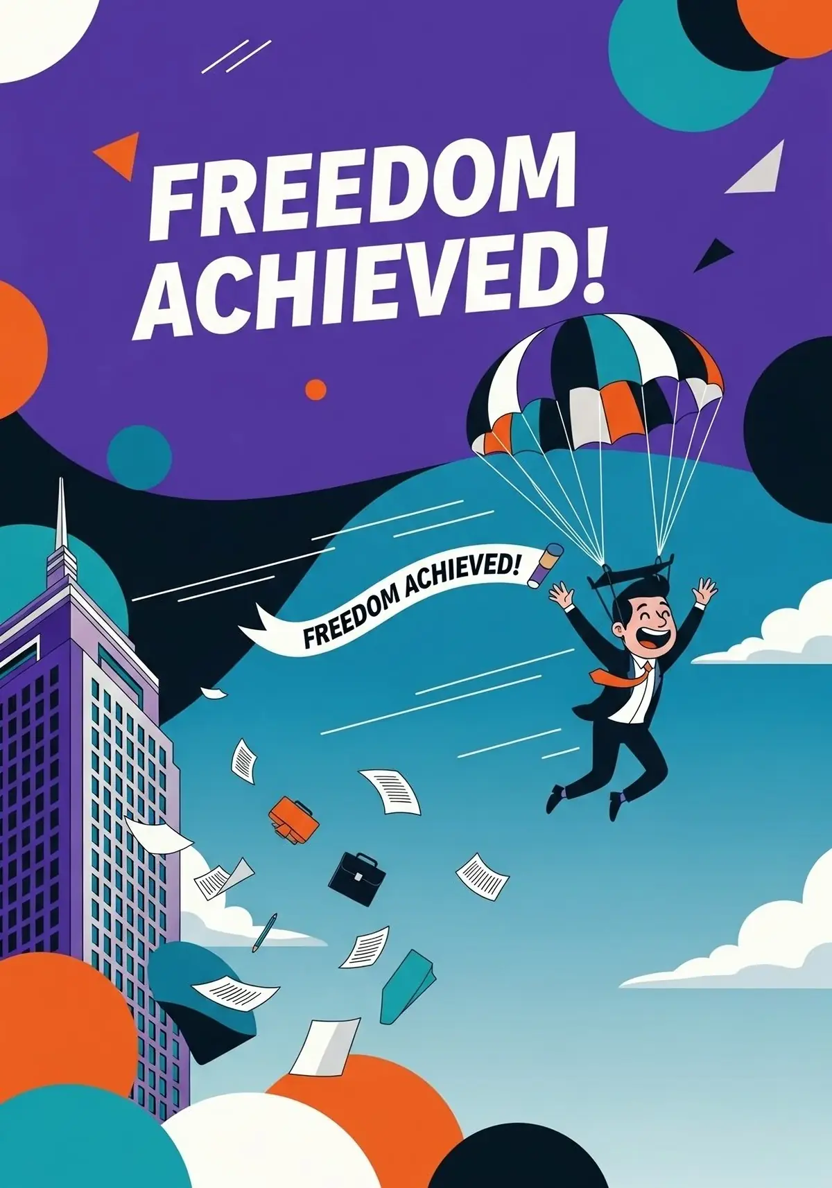 Humorous retirement card featuring a cartoon character escaping an office building with a parachute, symbolizing retirement and freedom.