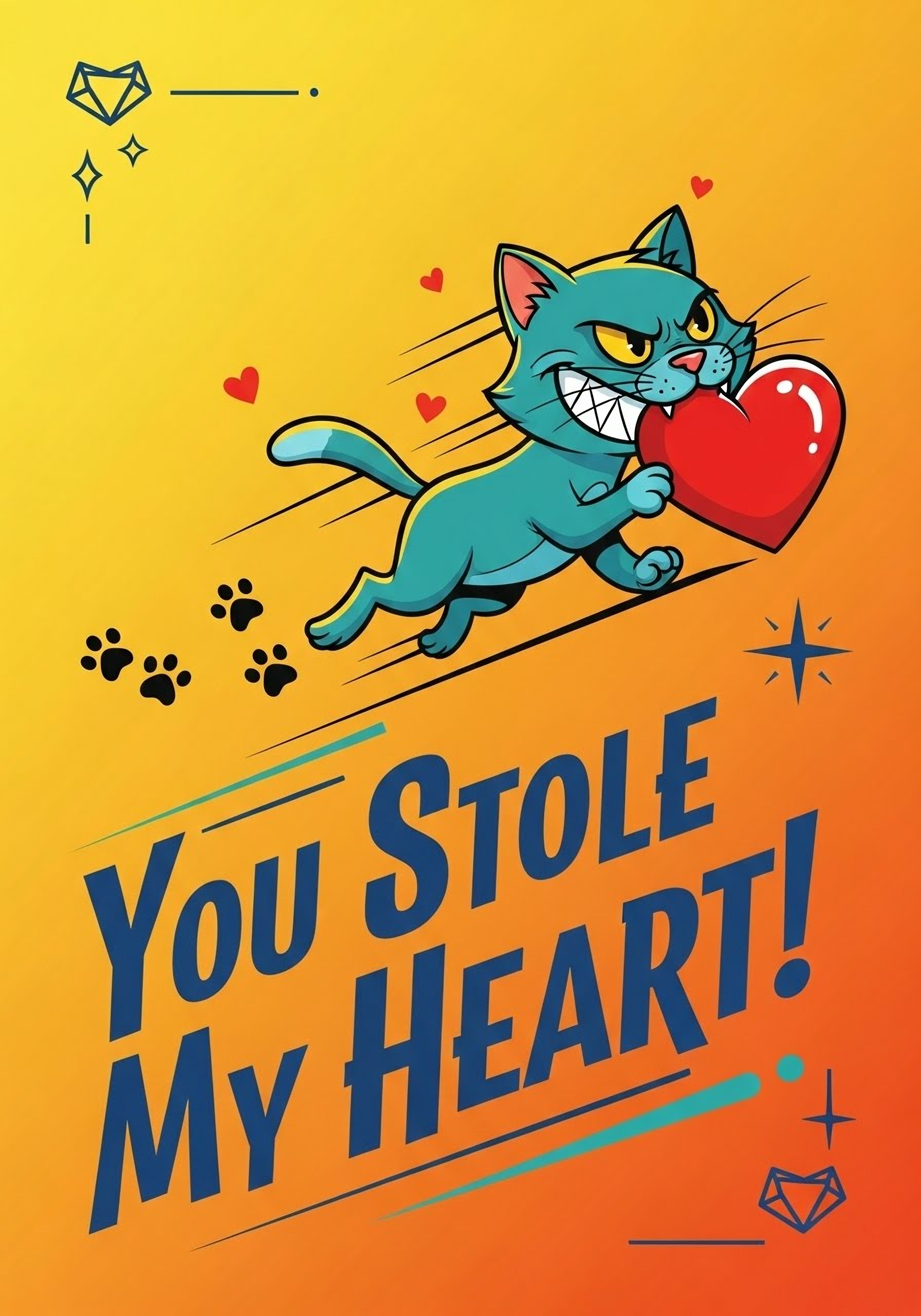 Funny Valentine's Day card featuring a cat 'stealing' a red heart, illustration style, humorous and playful.