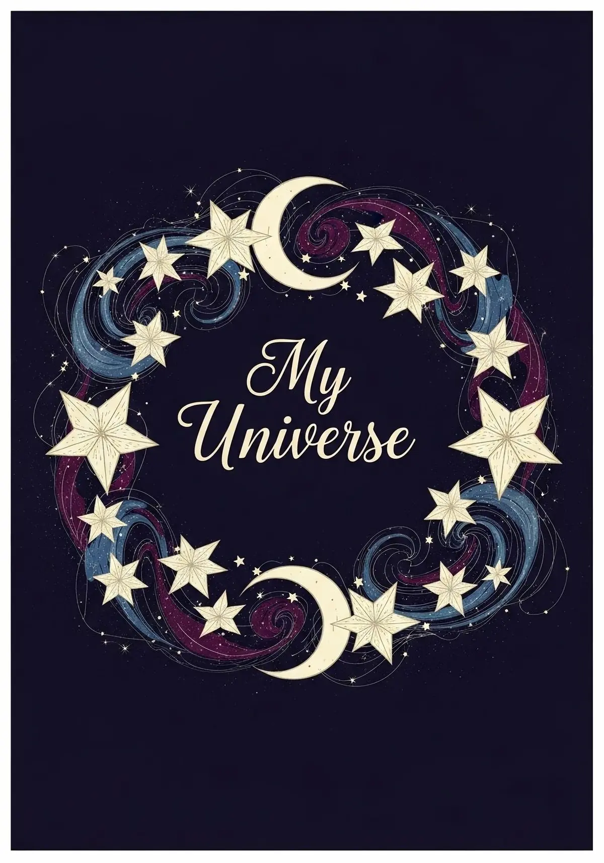 Romantic celestial love card featuring intertwining stars and moon, ethereal illustration style, expressing cosmic connection, perfect for her.