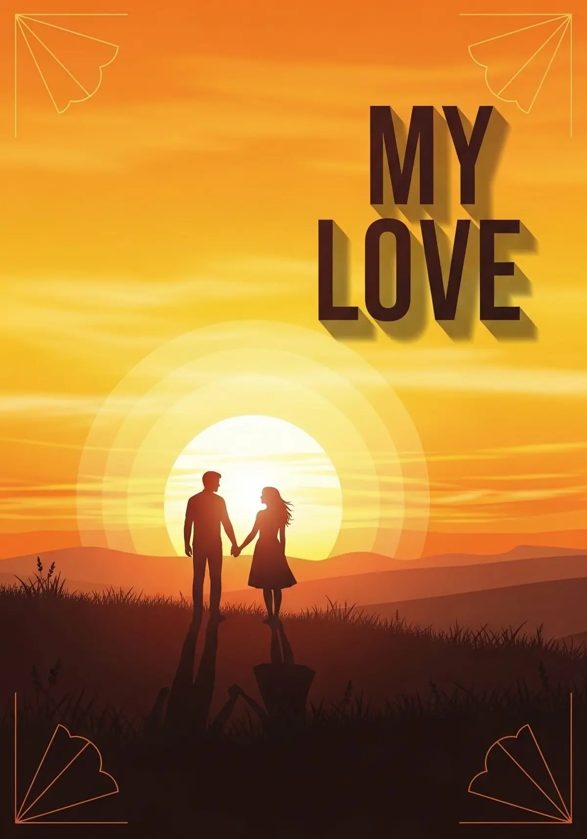 Romantic love card featuring a silhouette of a couple holding hands at sunset, warm colors, perfect for anniversaries or Valentine's Day.