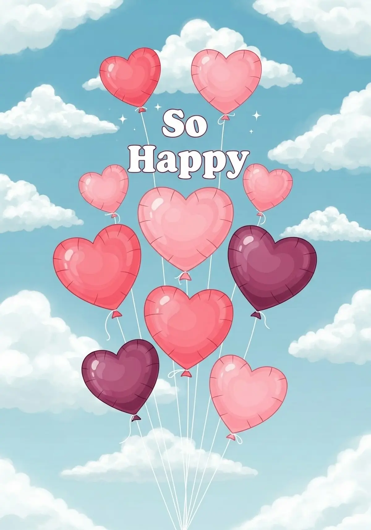 Illustration of a love-themed greeting card featuring floating heart-shaped balloons in a blue sky, cheerful and celebratory design.