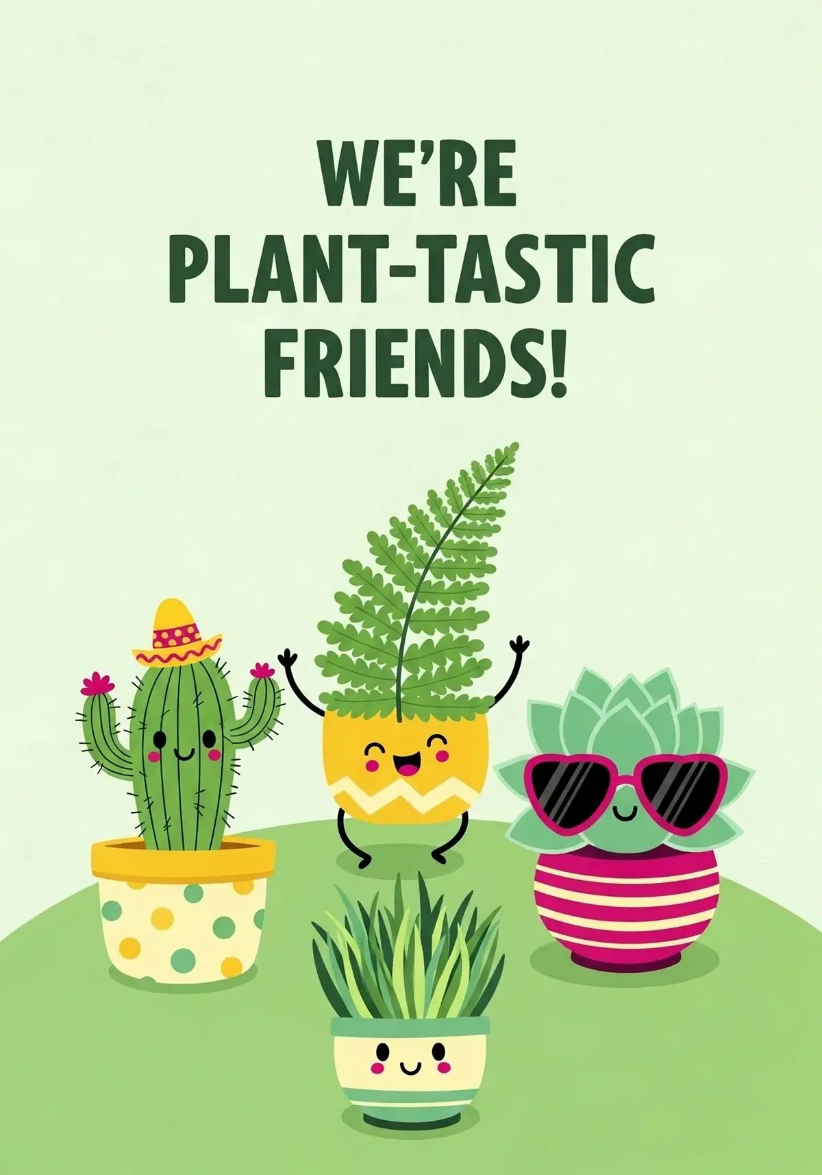 Illustrated friendship card featuring cartoon potted plants with funny puns and bright colors, perfect for sending to a friend.
