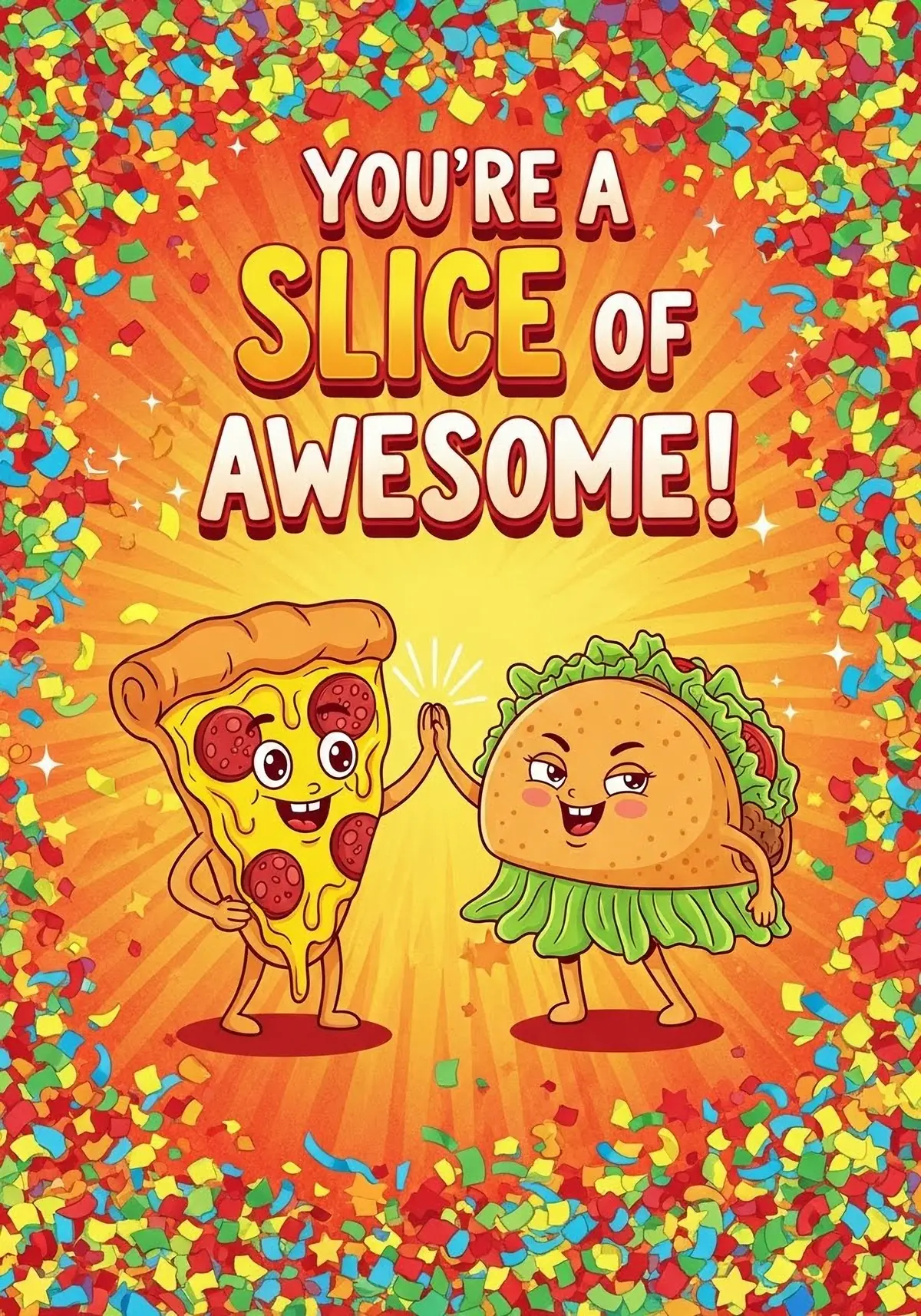 Funny friendship card featuring a cartoon pizza slice and taco giving each other a high five, celebrating friendship with a humorous design.