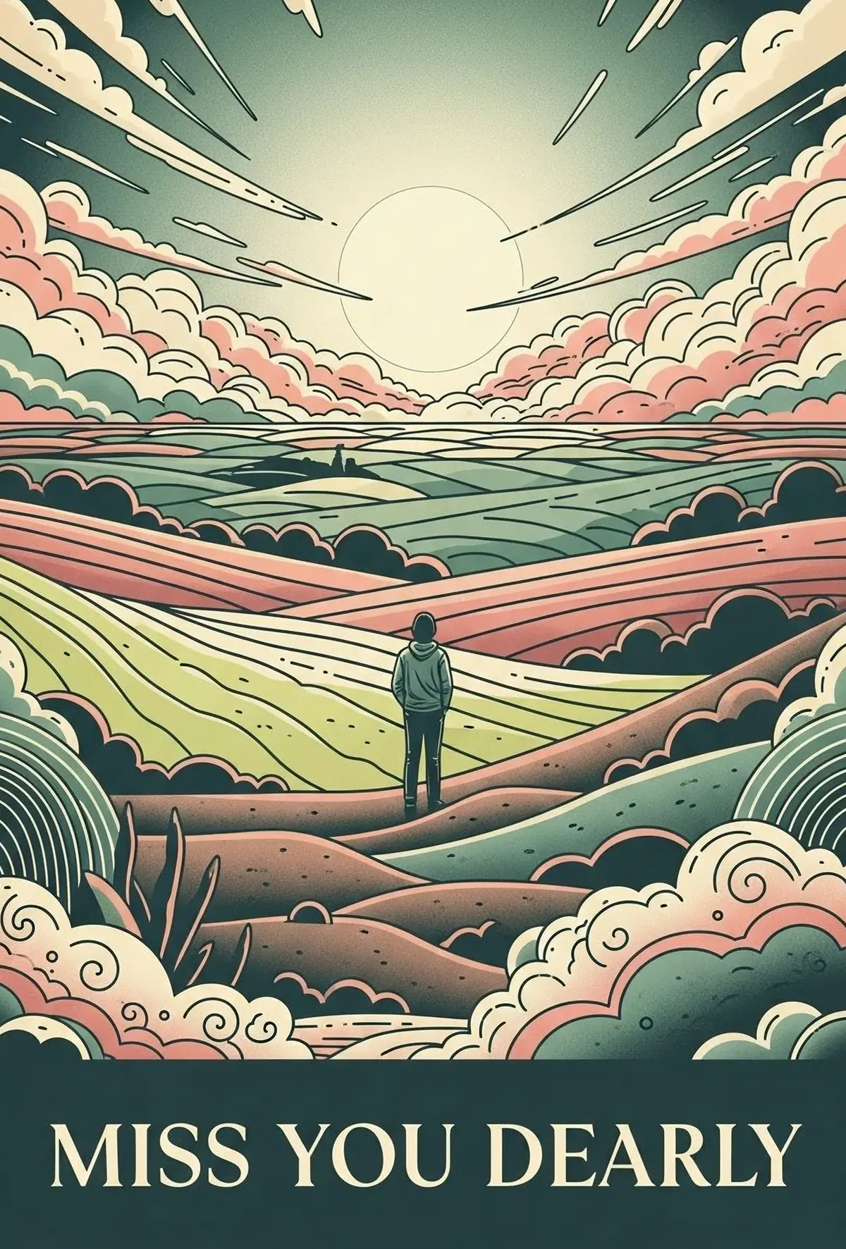 Serene landscape 'Missing You' card with a distant figure, conveying longing and connection, illustration design style.