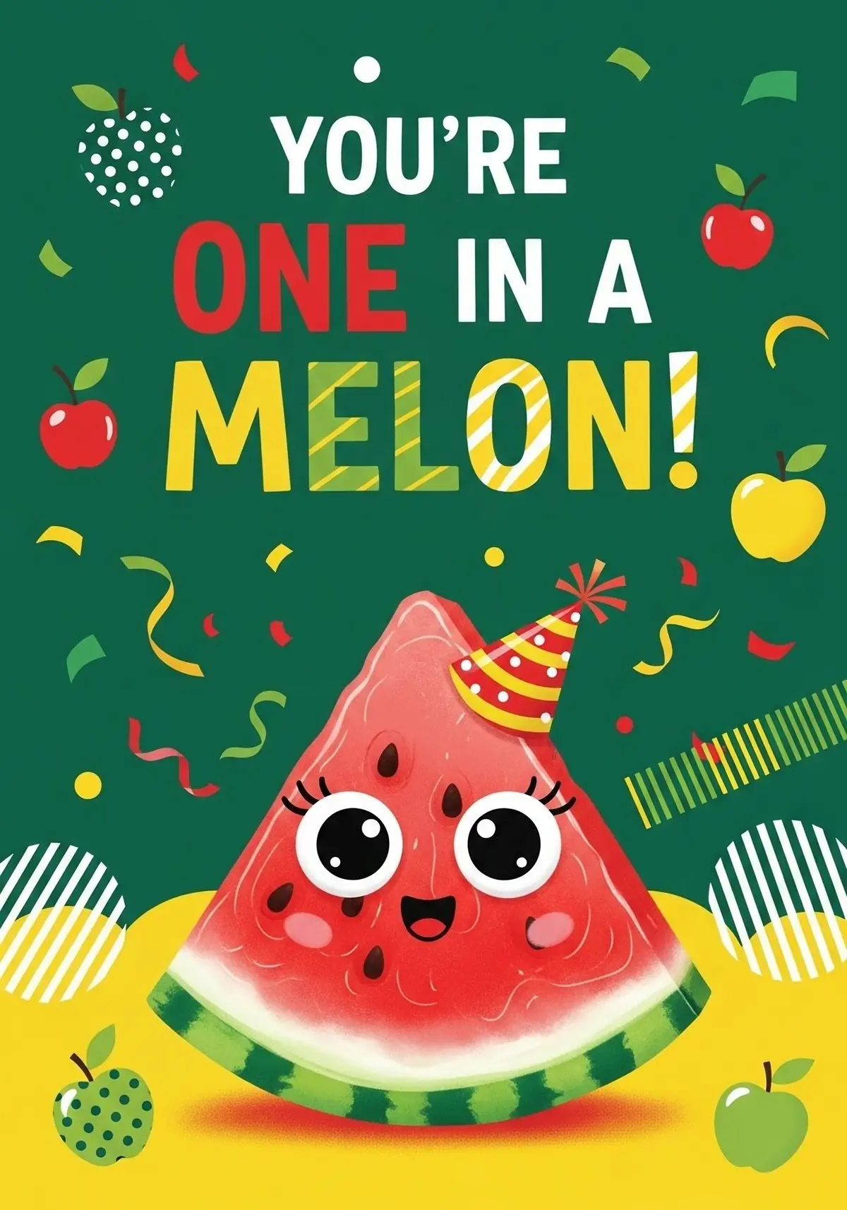 Funny watermelon greeting card featuring a slice with googly eyes and a pun, perfect for kids and friends, colorful illustration style