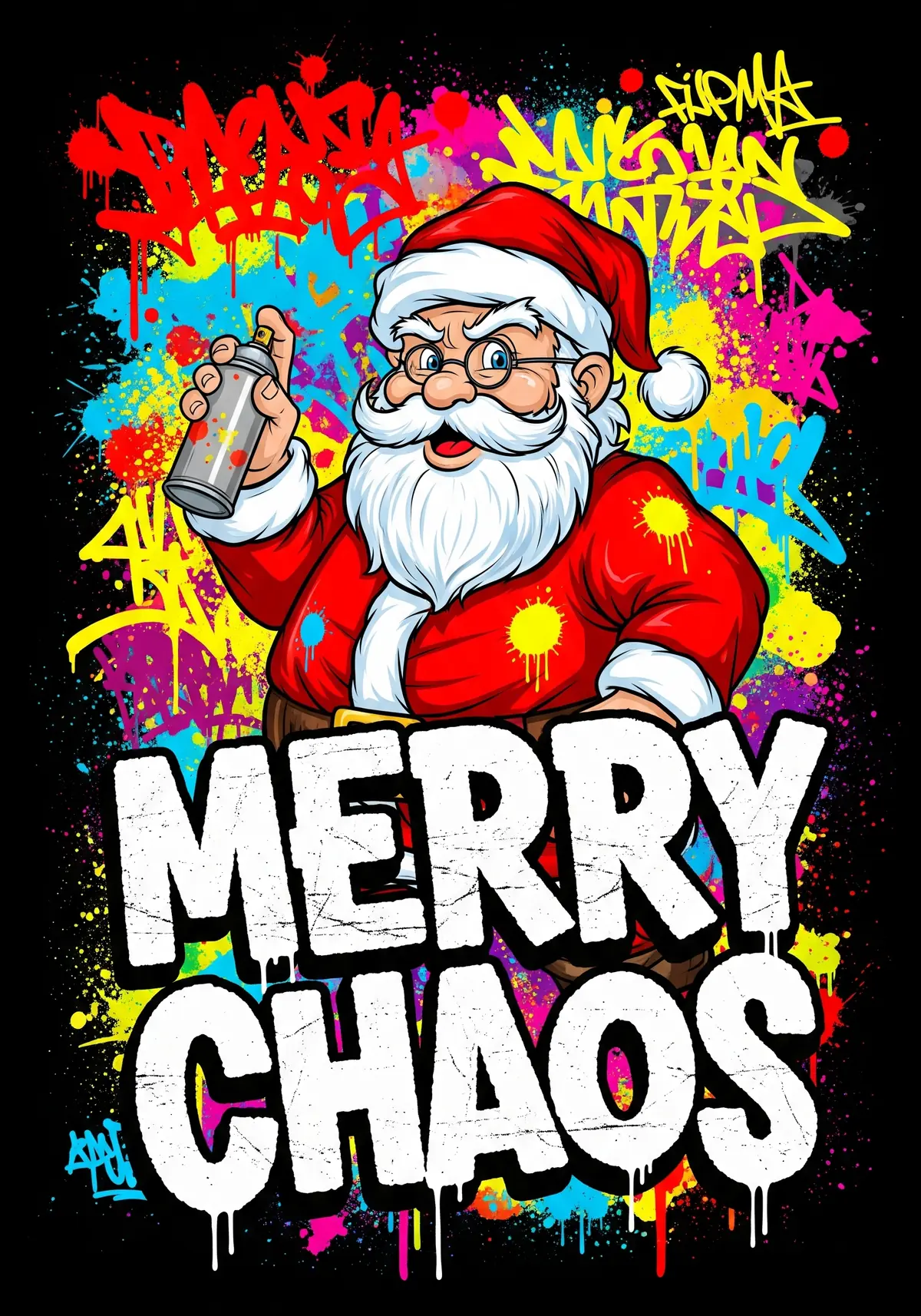 Graffiti-style Christmas card featuring Santa Claus in vibrant street art style, rebellious and urban design for teens and friends.