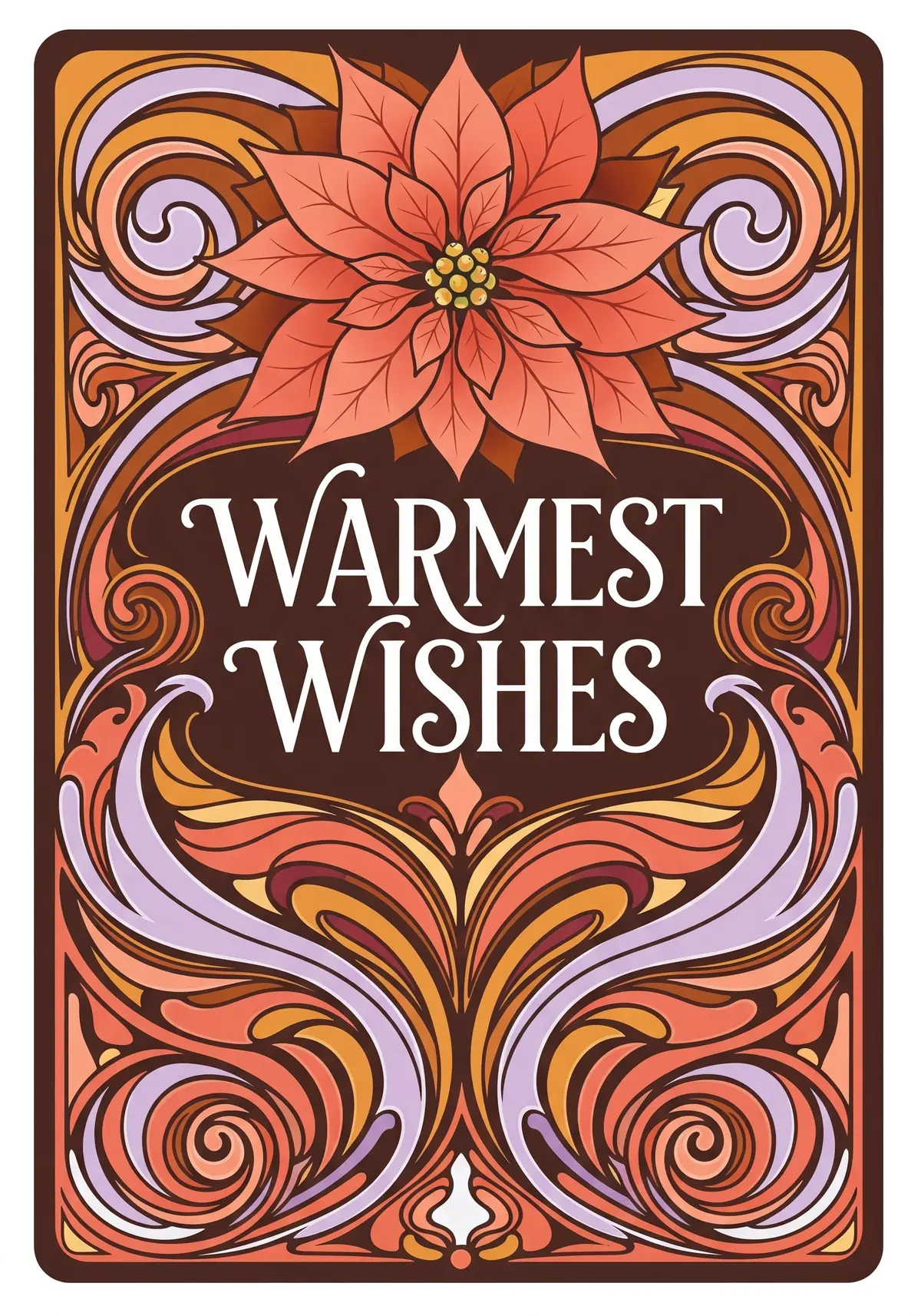 Elegant Christmas card featuring a stylized poinsettia flower in an Art Nouveau design. Organic, floral, with flowing lines, perfect for sending holiday greetings.