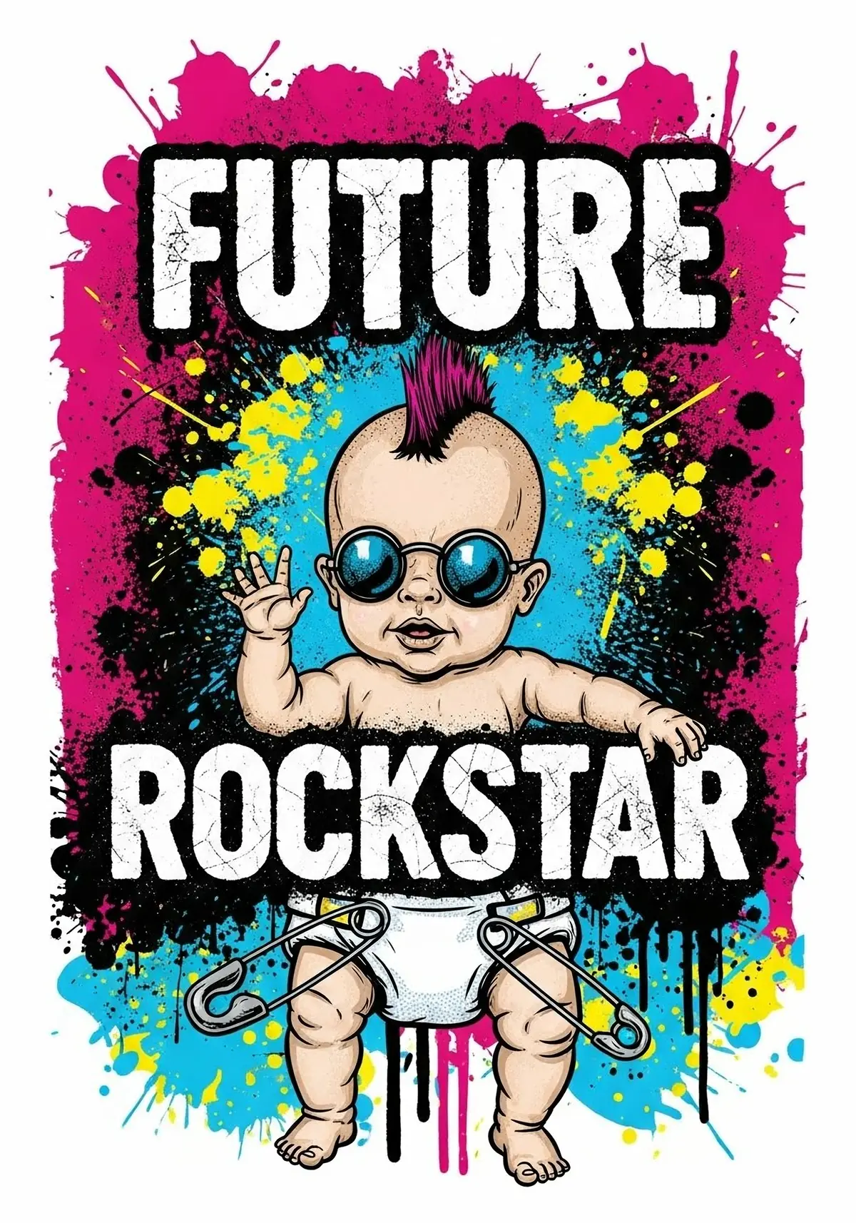 Punk rock themed baby card featuring a hand-drawn baby with a mohawk and safety pins, edgy and humorous design style.
