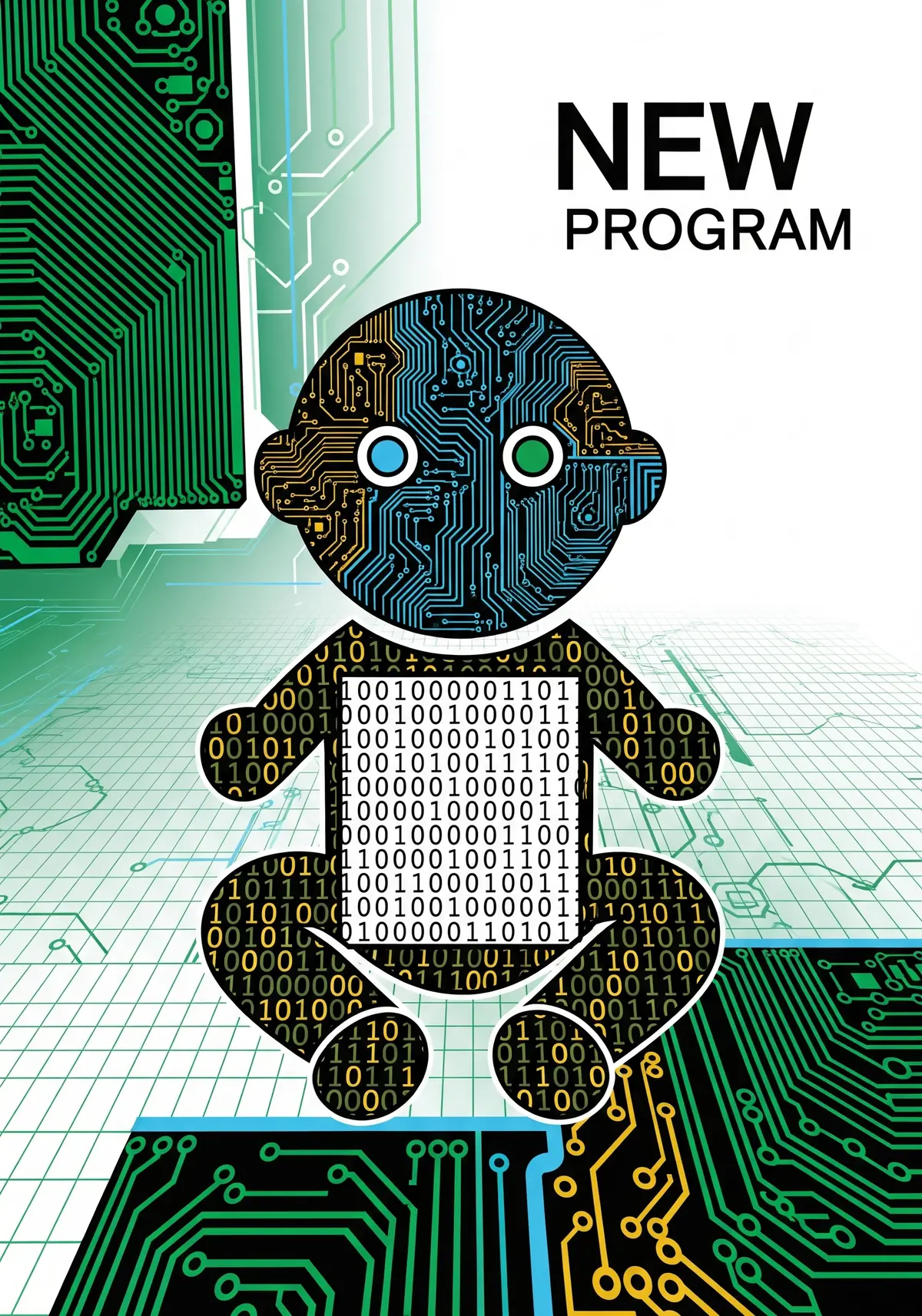 Humorous new baby card featuring a baby icon made of circuit board patterns and binary code, geometric design, celebrating a newborn.