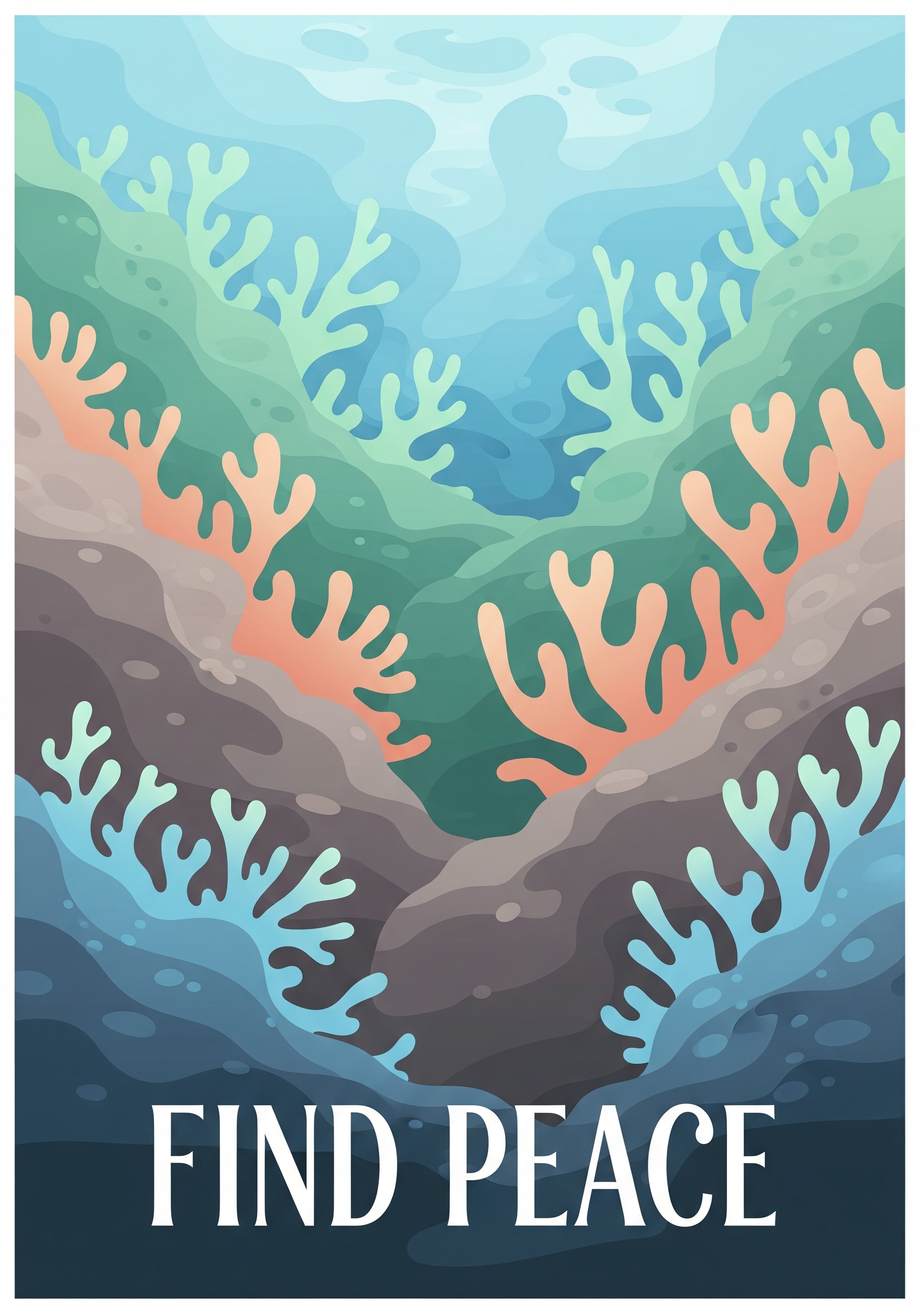 Organic greeting card illustration featuring fluid, ocean-inspired shapes and calming colors, Art Nouveau style, for sending motivation and inspiration.