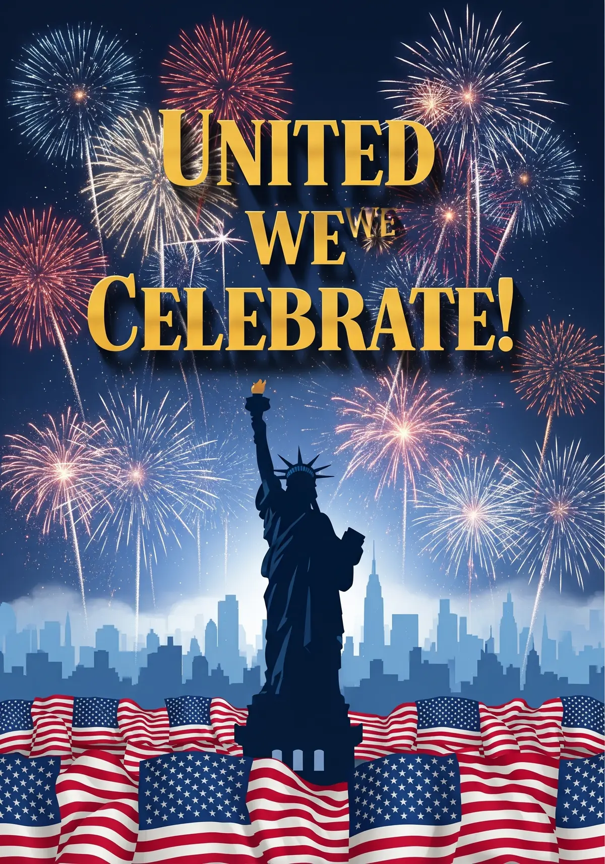 Layered illustration of the Statue of Liberty with fireworks and patriotic elements, celebrating 4th of July, in a modern design style.