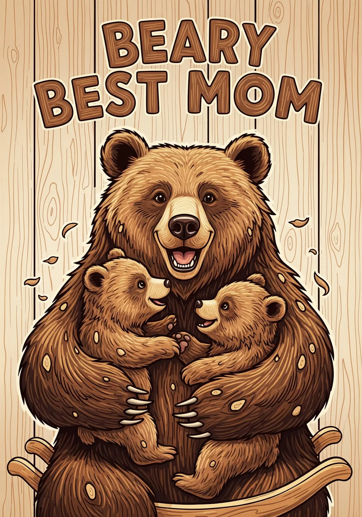 Humorous Mother's Day card featuring a woodcut-style bear family in a loving embrace, rustic design, warm colors.