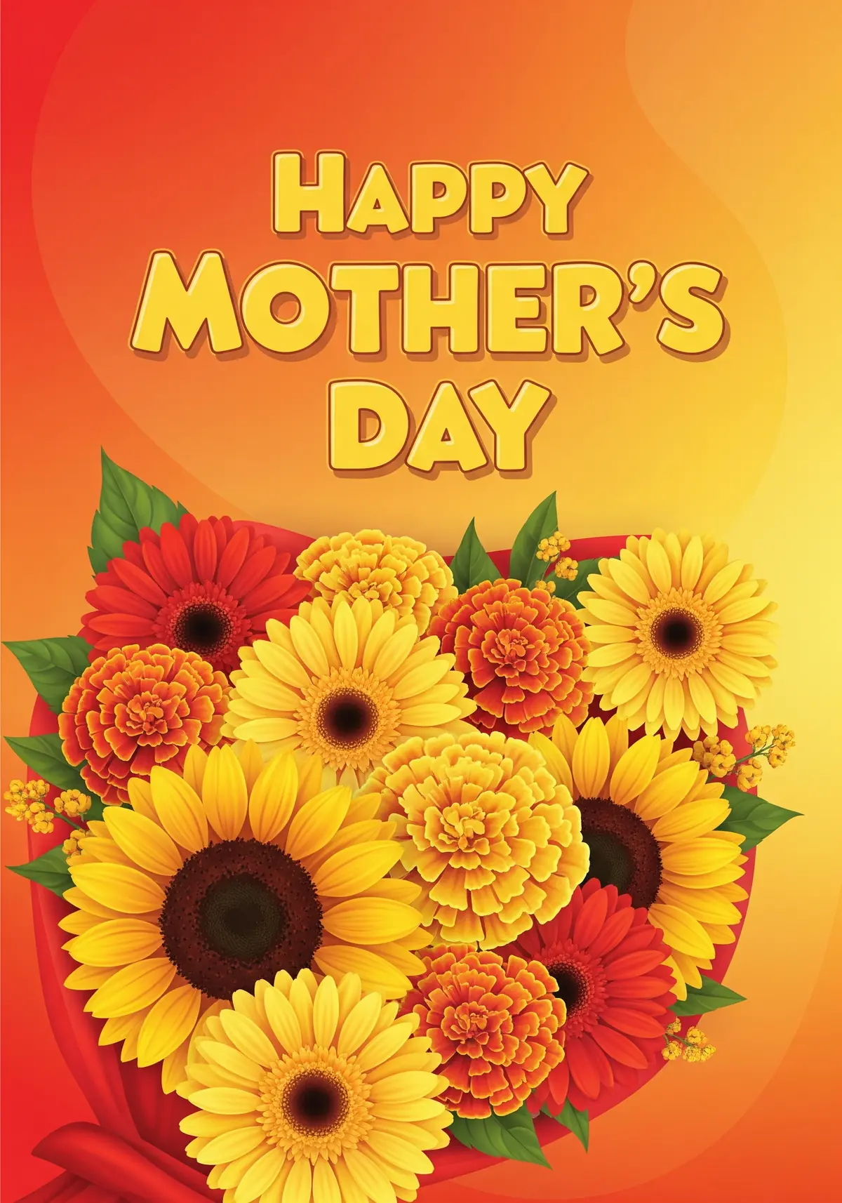 Warm and vibrant Mother's Day card featuring a sunset-inspired floral bouquet illustration. Joyful and colorful design.