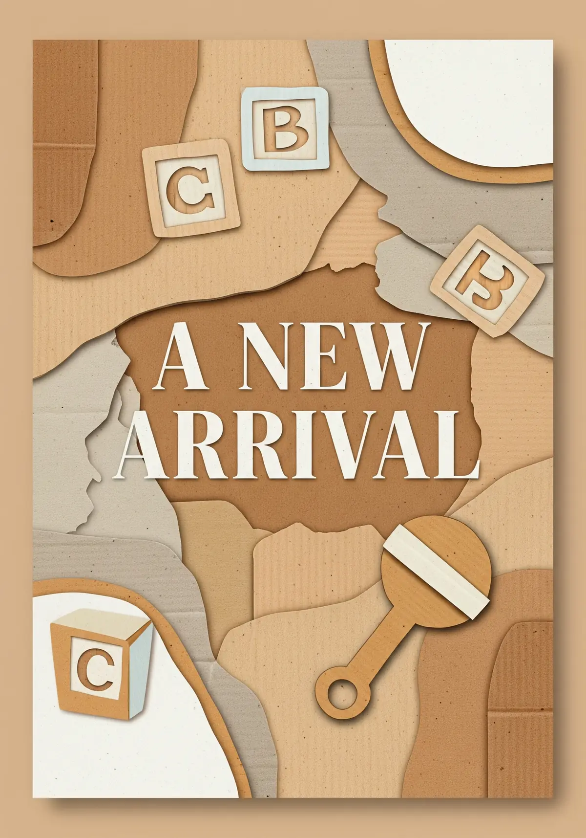 Textured cardboard new baby card with layered paper elements and watercolor design, artistic style, suitable for baby shower greetings and celebrating a new arrival.