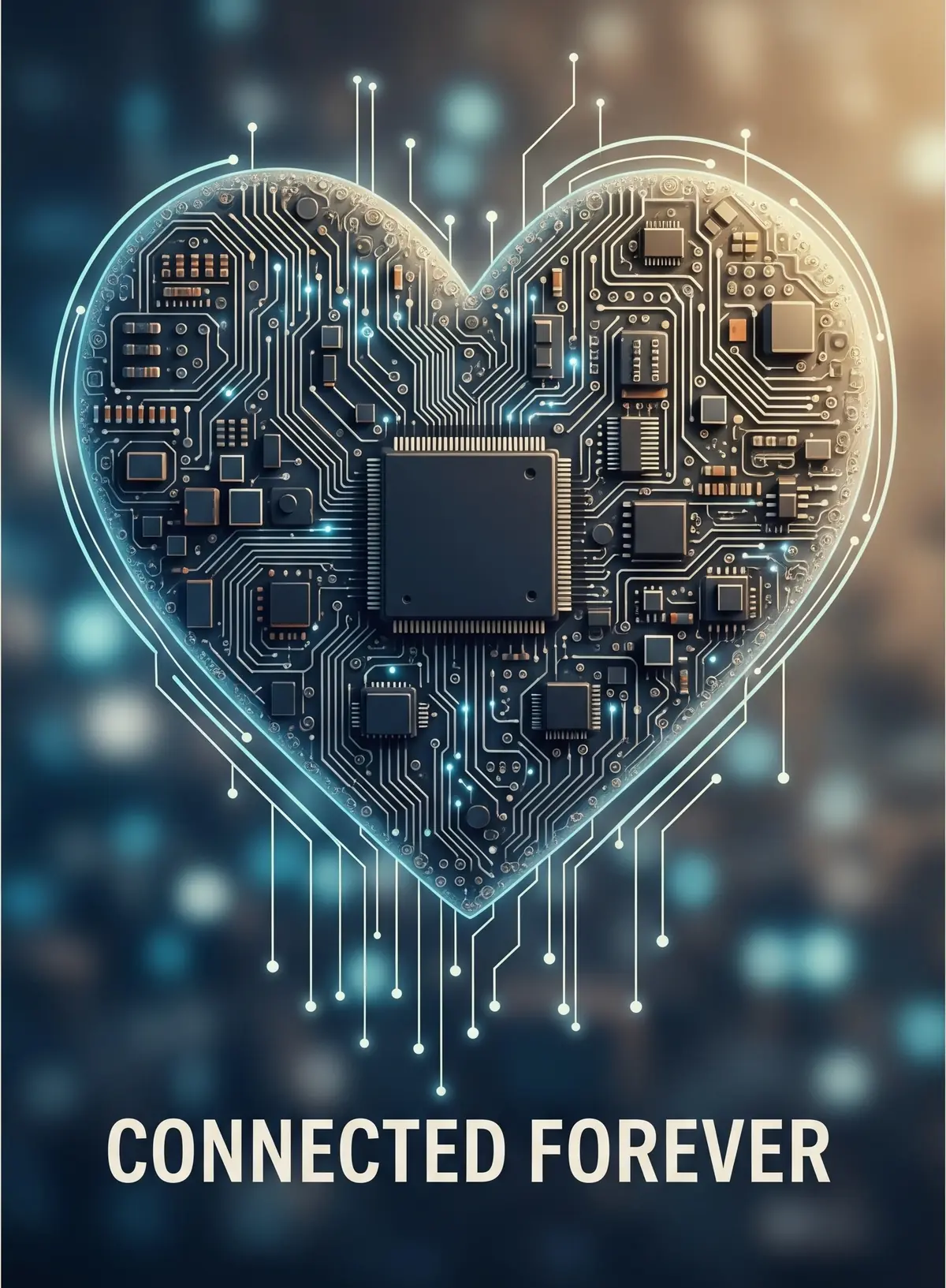 Anniversary card featuring a circuit board forming a heart shape, modern illustration style, tech-themed, romantic card for him.