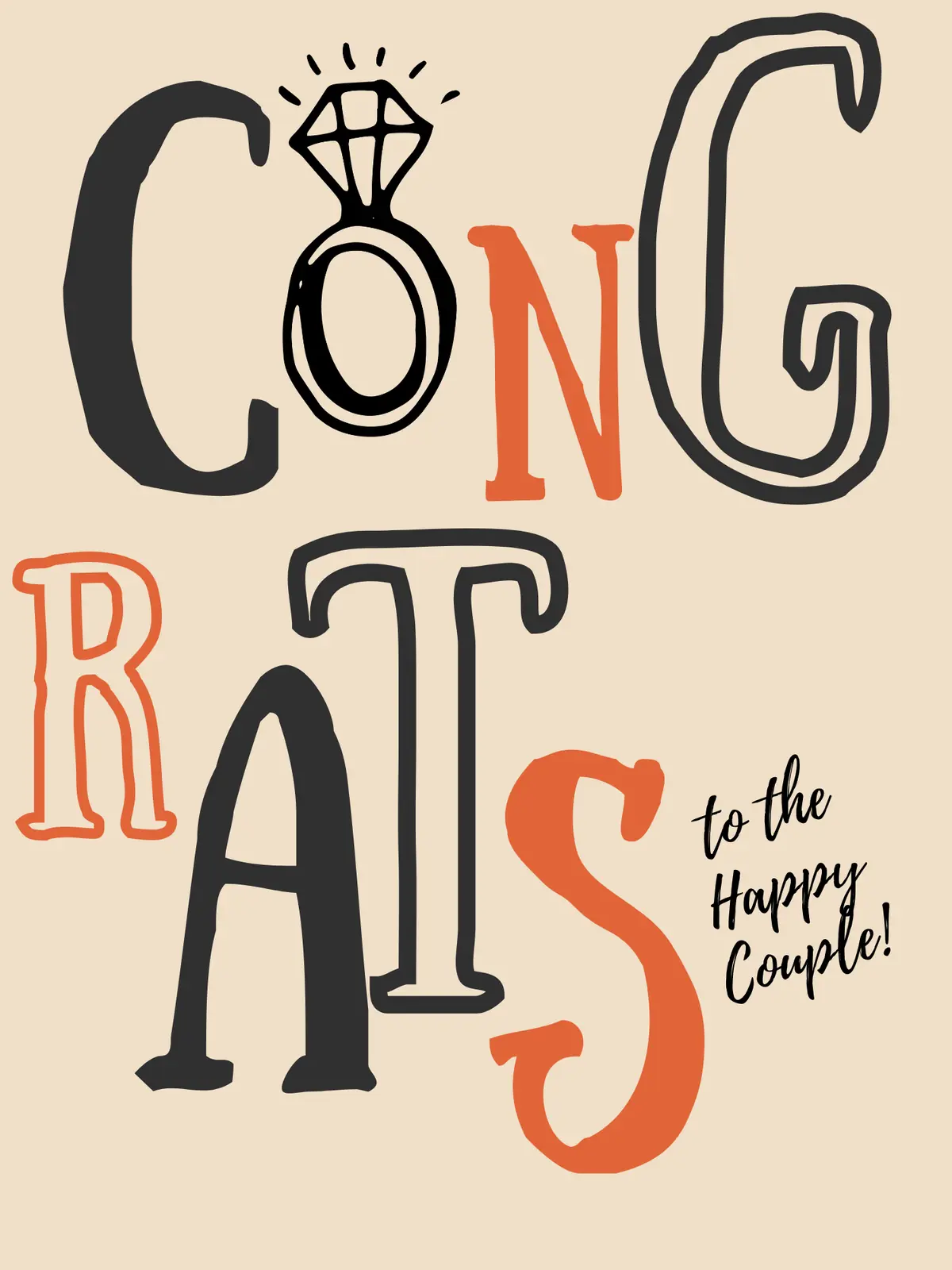 Engagement and wedding congratulations card with bold 'CONGRATS' lettering and a diamond ring illustration, celebrating the happy couple.