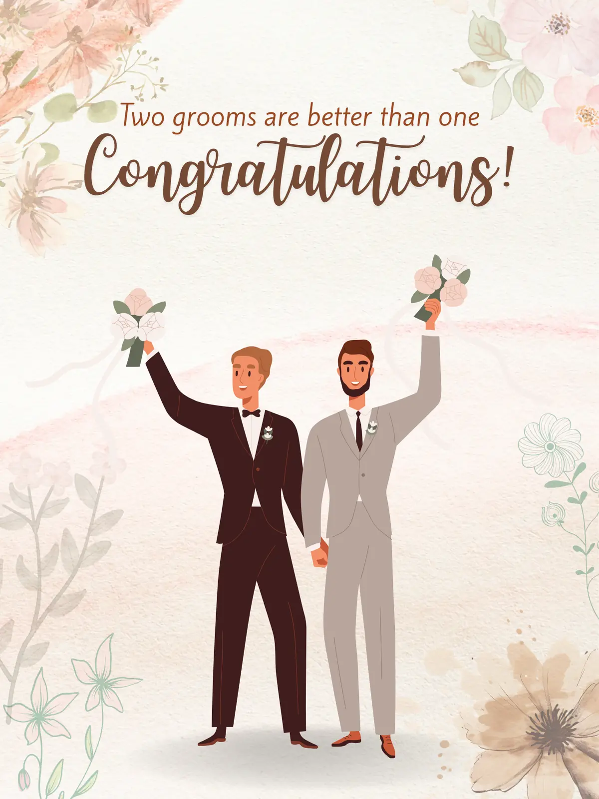 Watercolor gay wedding congratulations card featuring two grooms in tuxedos holding hands with floral accents, celebrating their marriage