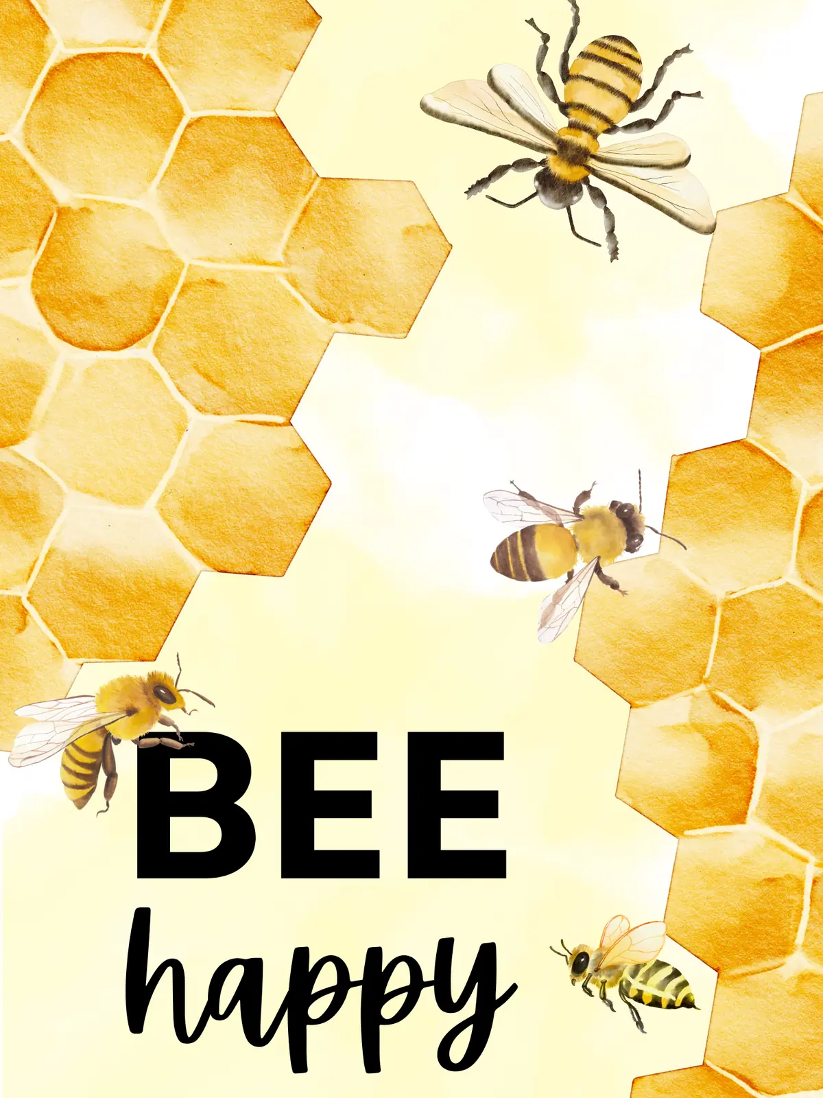 Watercolor 'Bee Happy' card featuring bees and honeycomb design on a yellow background, cheerful and bright, perfect for a 'just because' greeting