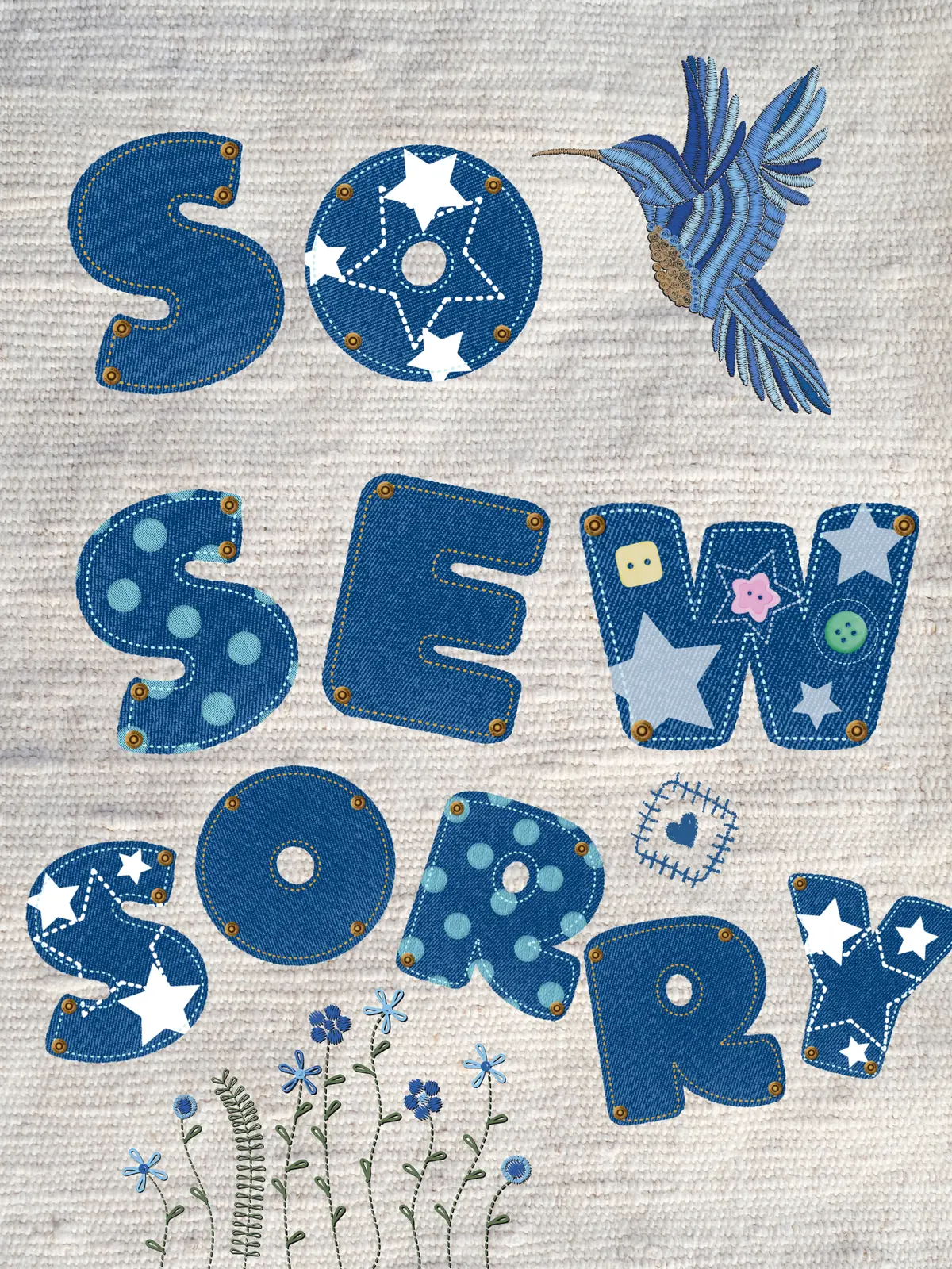 Patchwork apology card featuring a floral design made from fabric and textile patterns, conveying a funny and lighthearted message of apology.