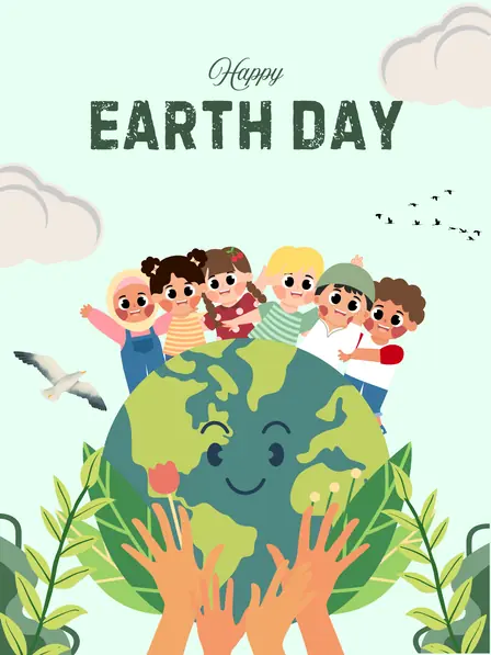 Hand-drawn Earth Day card with cute illustrations of the planet, trees, and animals. Earthy tones and playful design, perfect for kids and nature lovers.