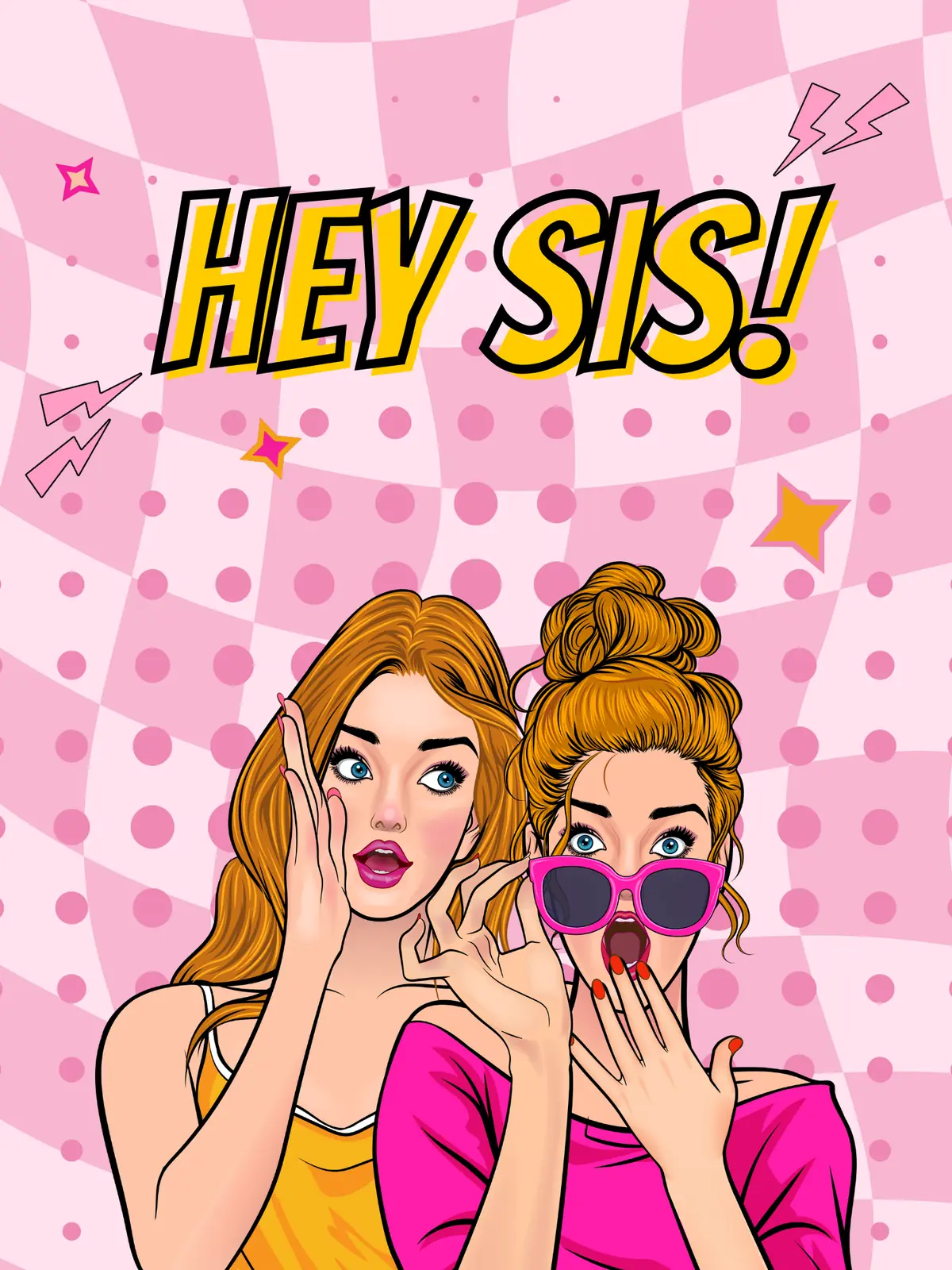 Colorful pop art Sister's Day card with retro design elements, bold colors, and vintage style, perfect for showing sisterly love