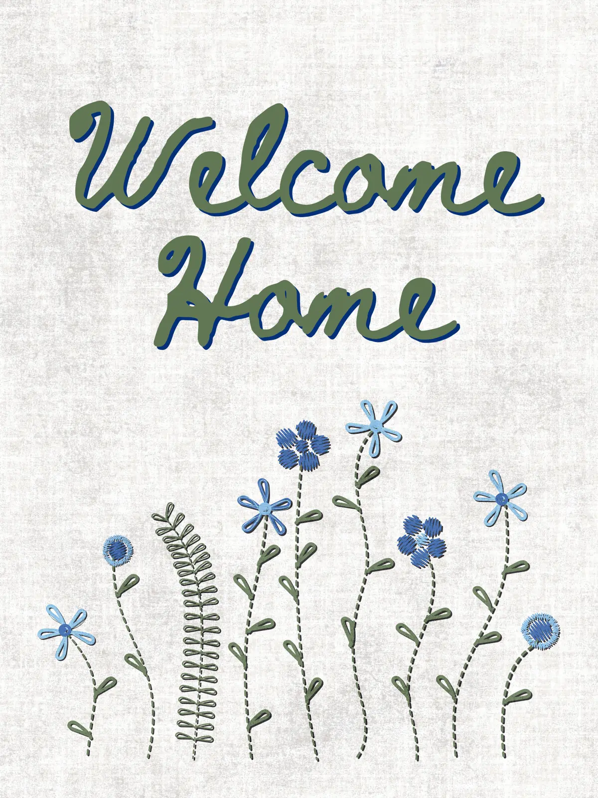 Welcome card with an embroidered fabric design, featuring warm colors and a textile-like pattern, suitable for welcoming a new home owner or colleague.