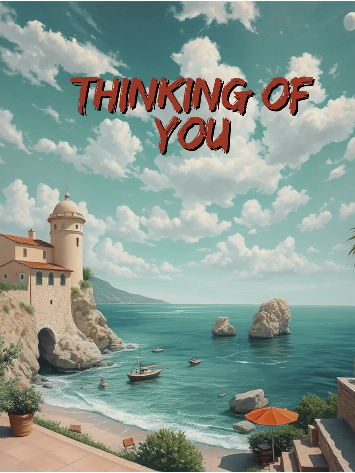 Watercolor miss you card featuring a Mediterranean coastal scene with classic architecture, blue sea, and vibrant colors, expressing longing and nostalgia.