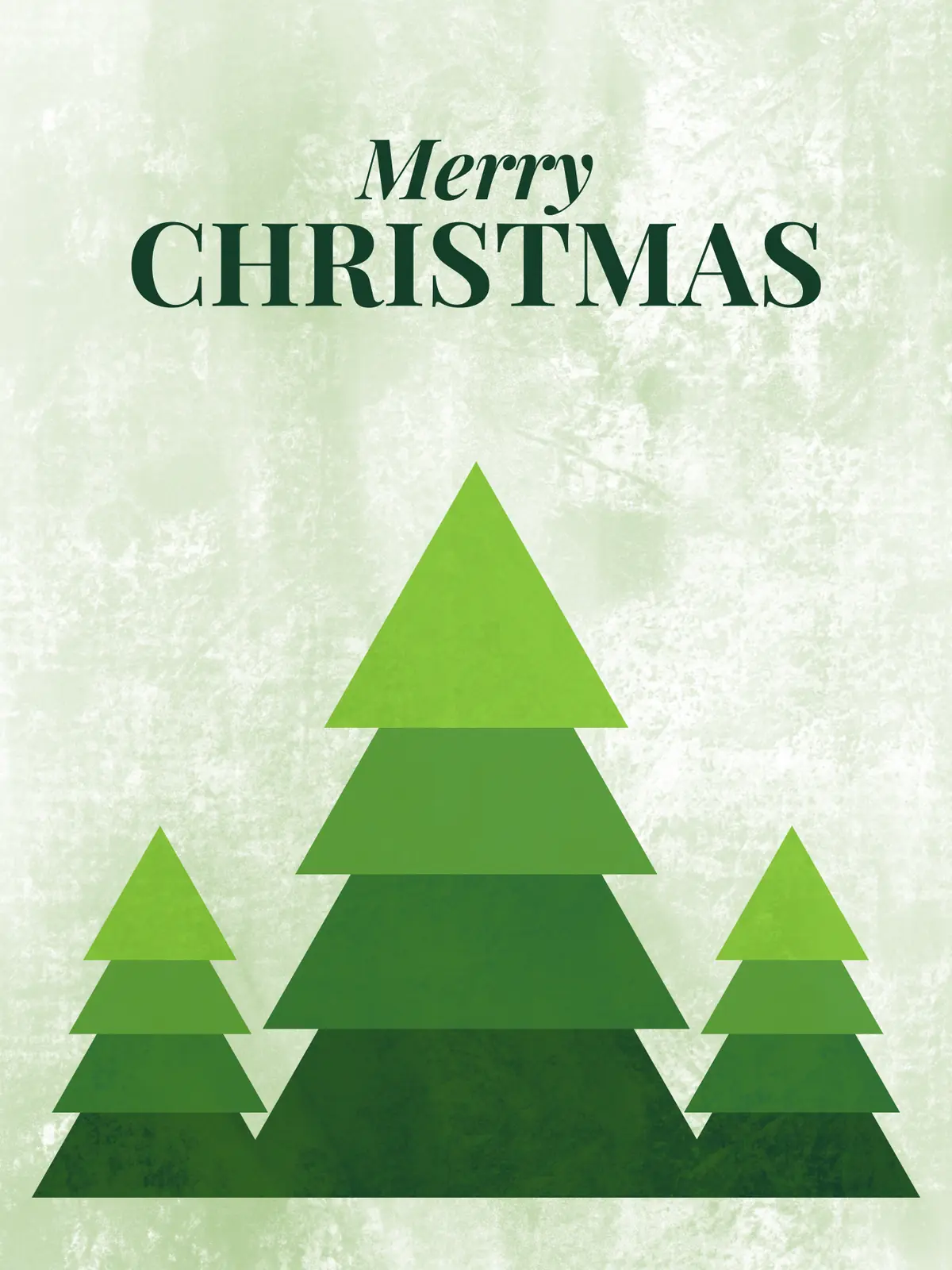 Minimalist Christmas card with geometric trees in three shades of green, modern design, perfect for sending holiday greetings.