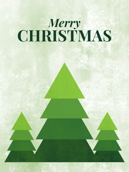 Minimalist Christmas card with geometric trees in three shades of green, modern design, perfect for sending holiday greetings.