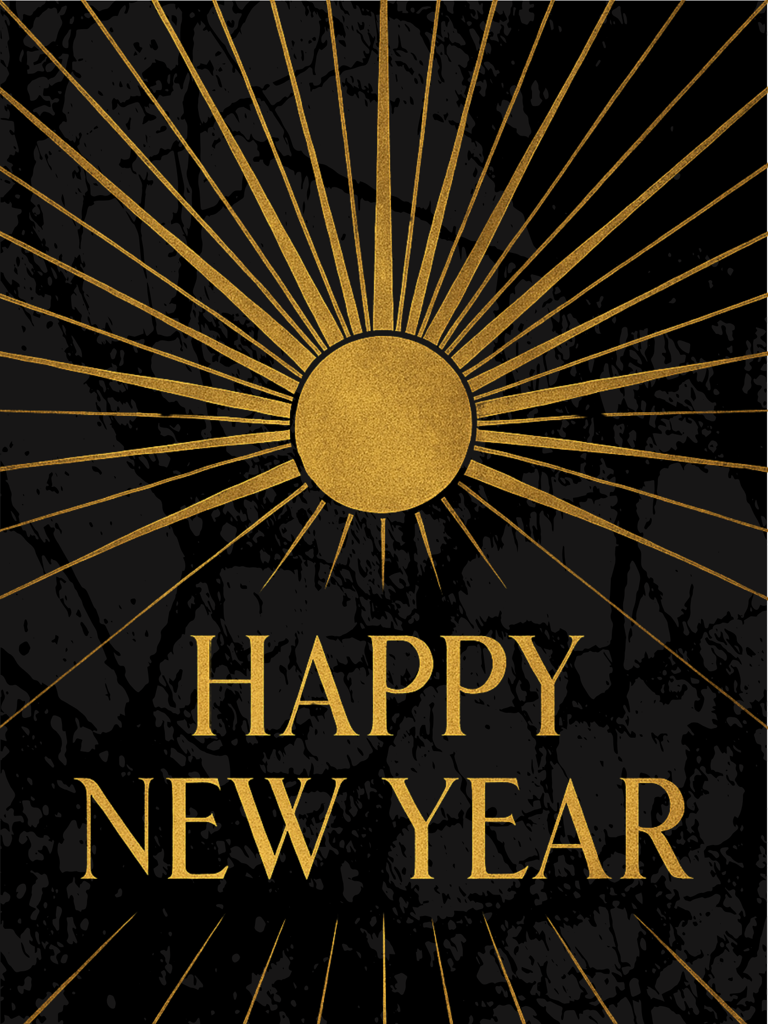 Art Deco New Year card featuring geometric gold patterns, elegant and minimalist design, celebrating New Year's Eve.