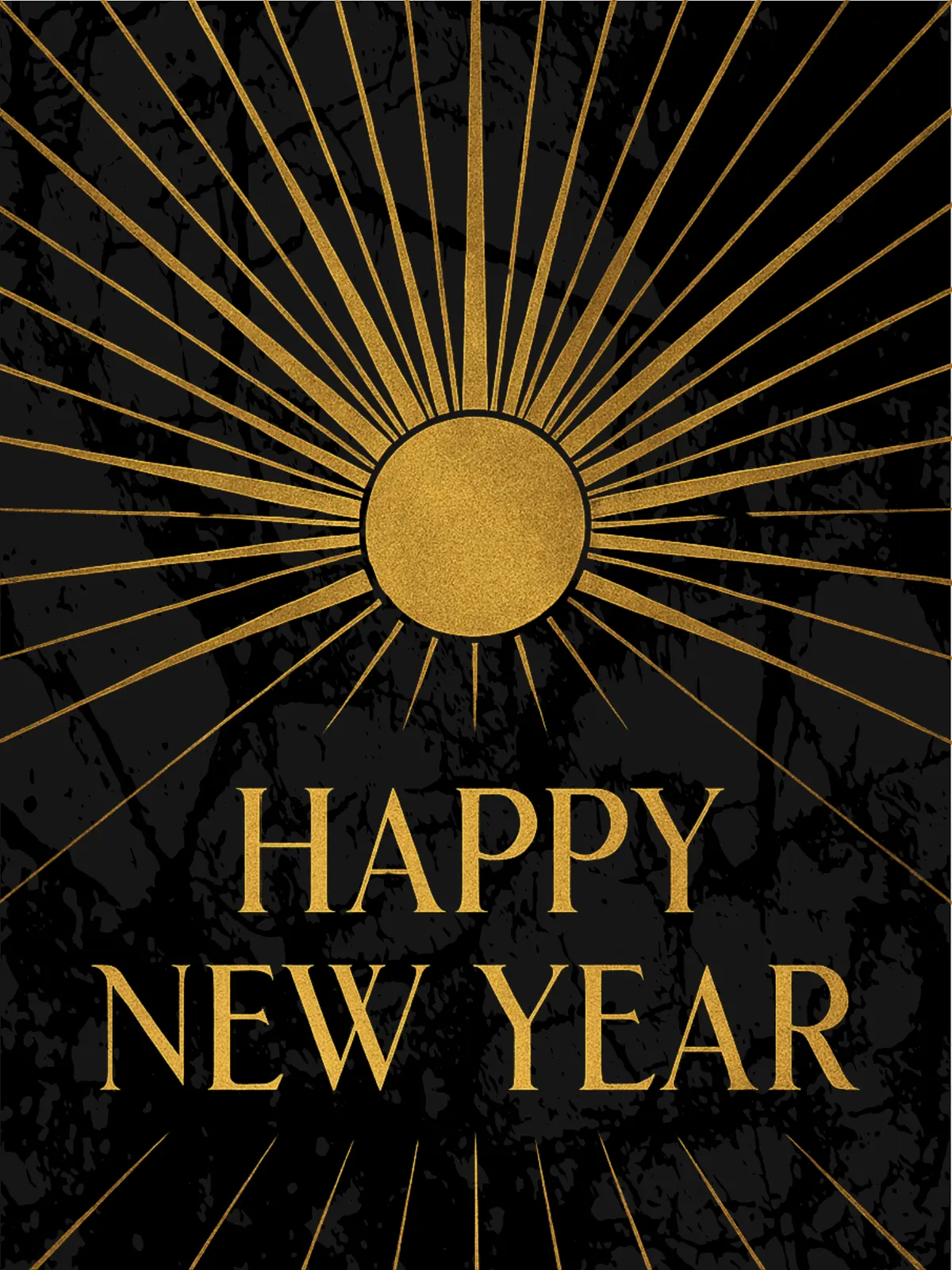 Art Deco New Year card featuring geometric gold patterns, elegant and minimalist design, celebrating New Year's Eve.