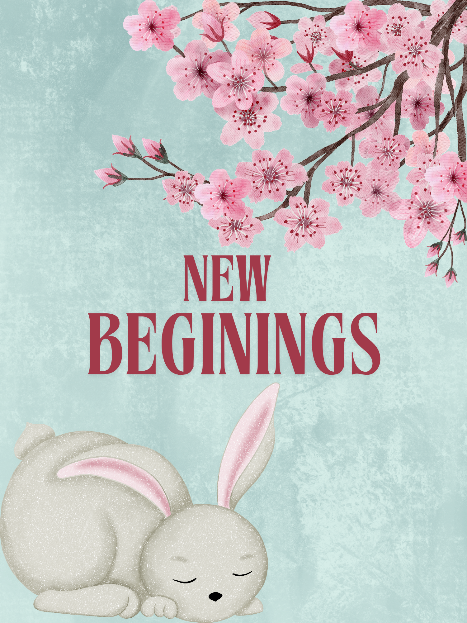 Minimalist Chinese New Year card featuring a Zen rabbit silhouette and cherry blossom branch, Japanese-inspired design.