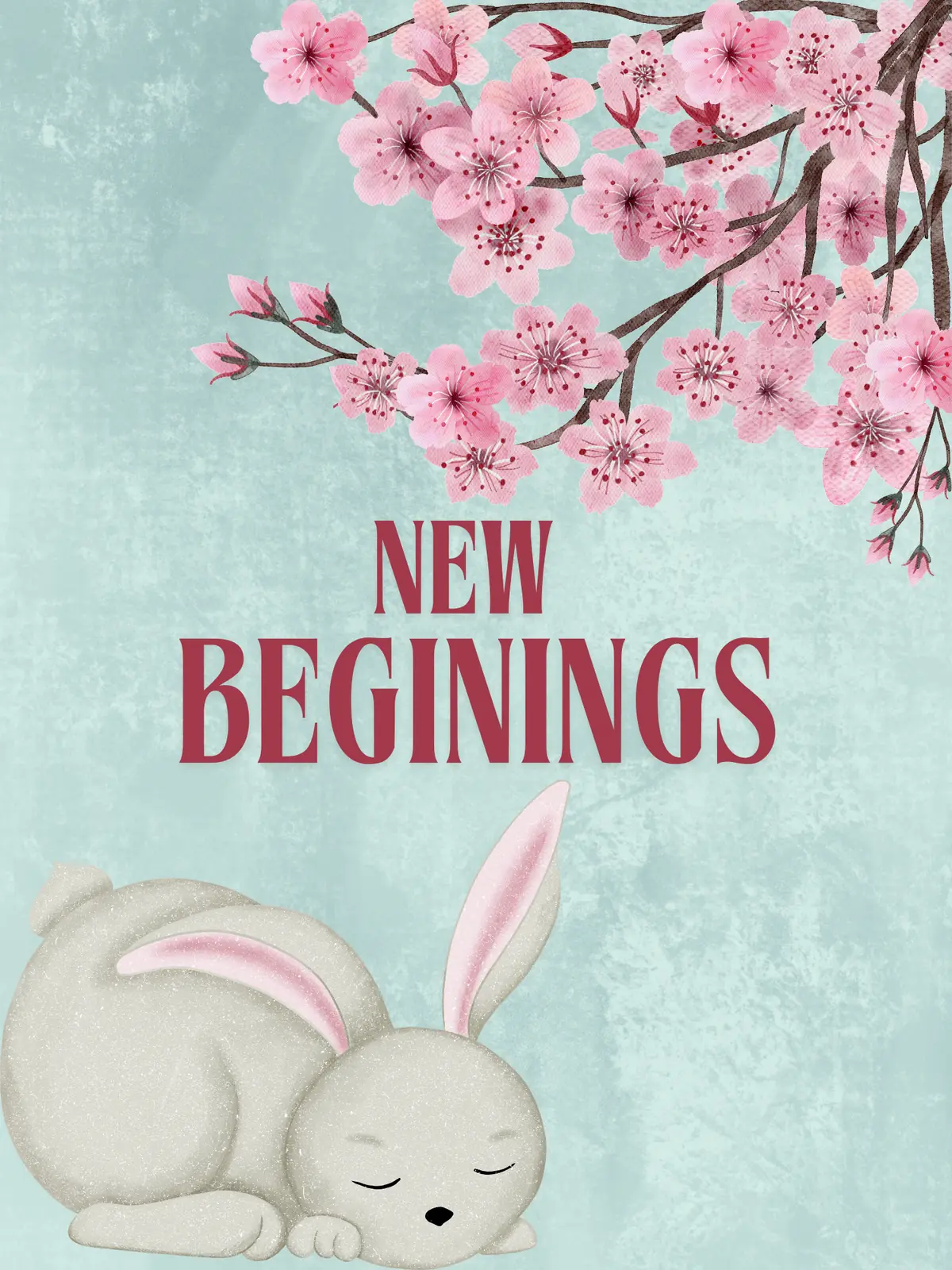 Minimalist Chinese New Year card featuring a Zen rabbit silhouette and cherry blossom branch, Japanese-inspired design.