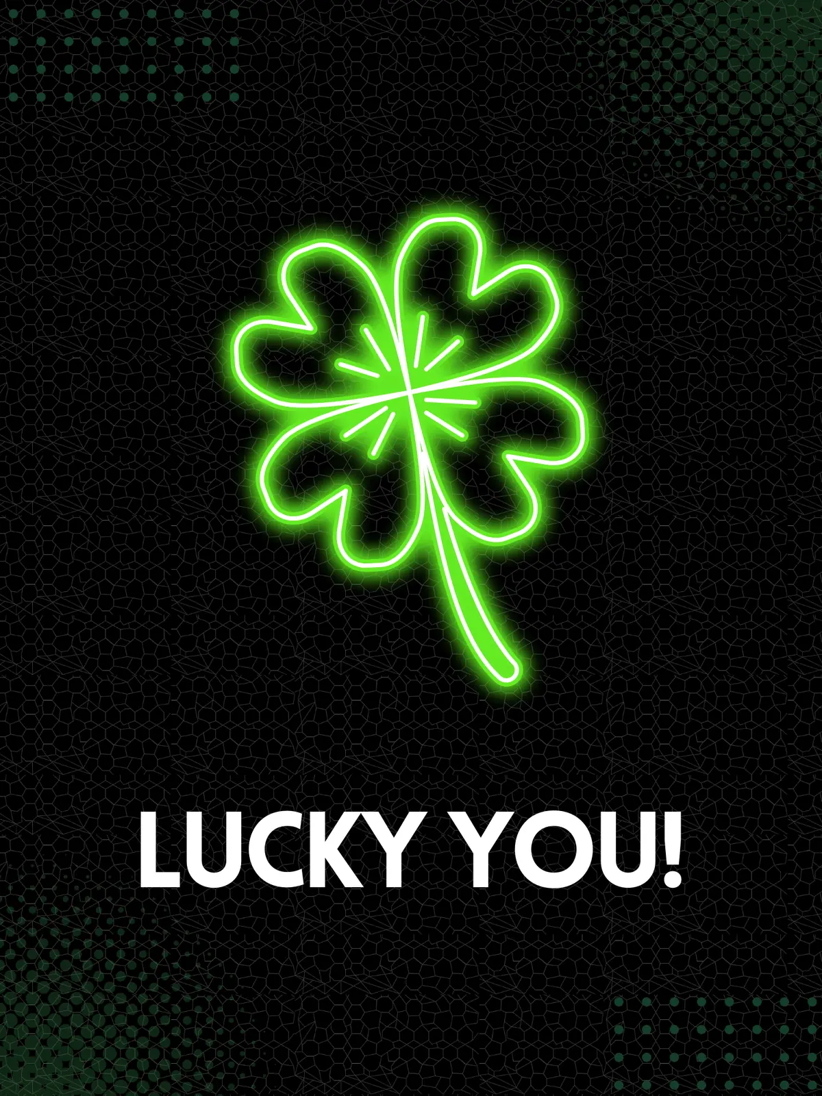 Neon green shamrock with LED light effect against a dark background, a modern and humorous St. Patrick's Day card design.