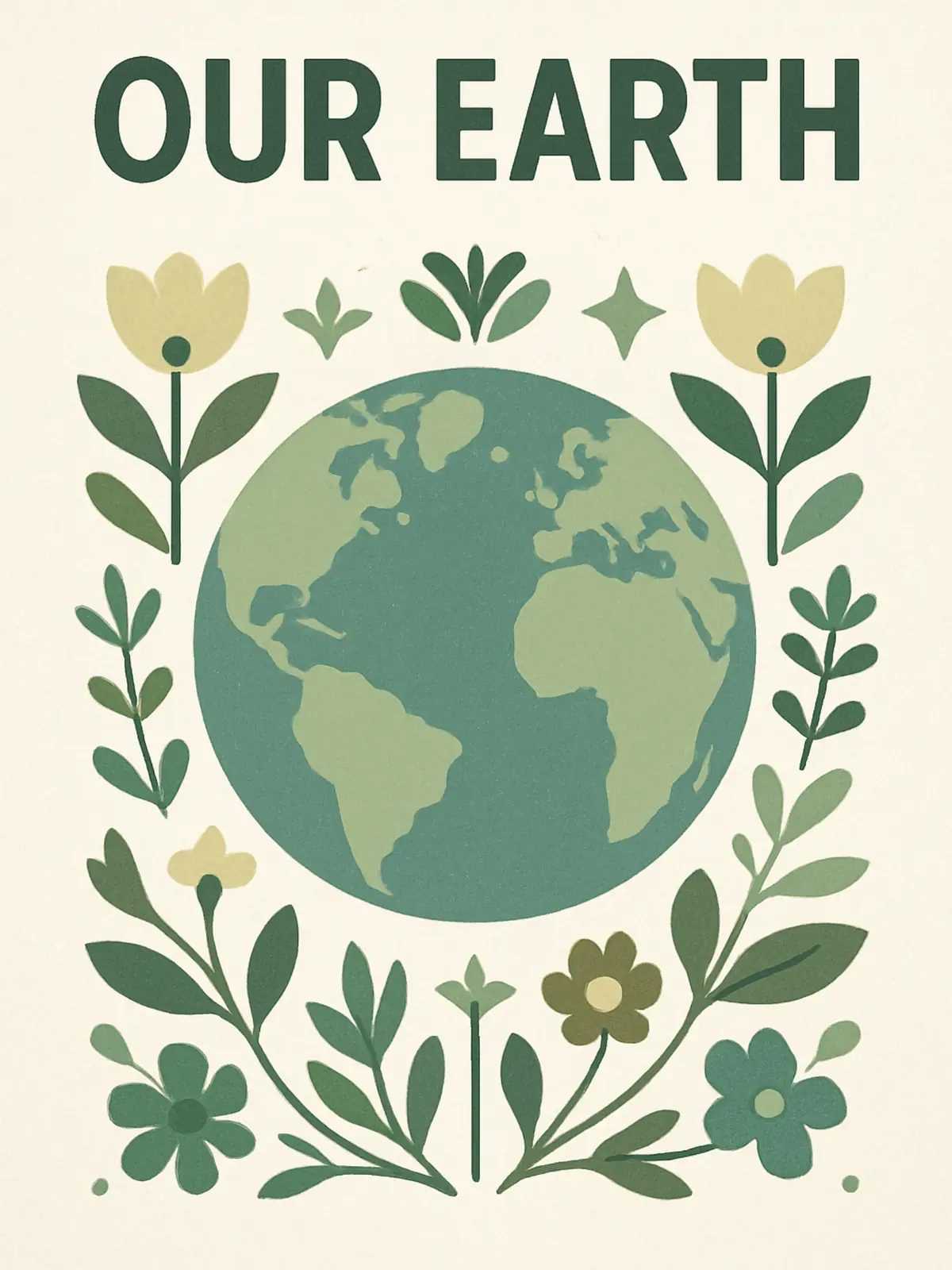 Scandinavian floral Earth Day card featuring stylized floral elements, modern design, celebrating nature and environmental awareness.