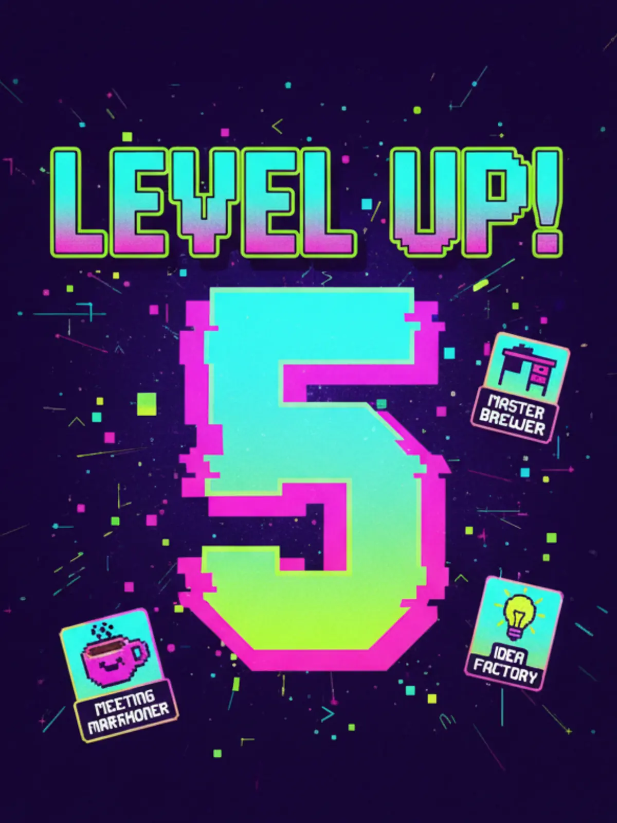 Humorous work anniversary card with a holographic 'Achievement Unlocked' design, featuring glitchy, vibrant colors and abstract patterns, perfect for celebrating a colleague's milestone.