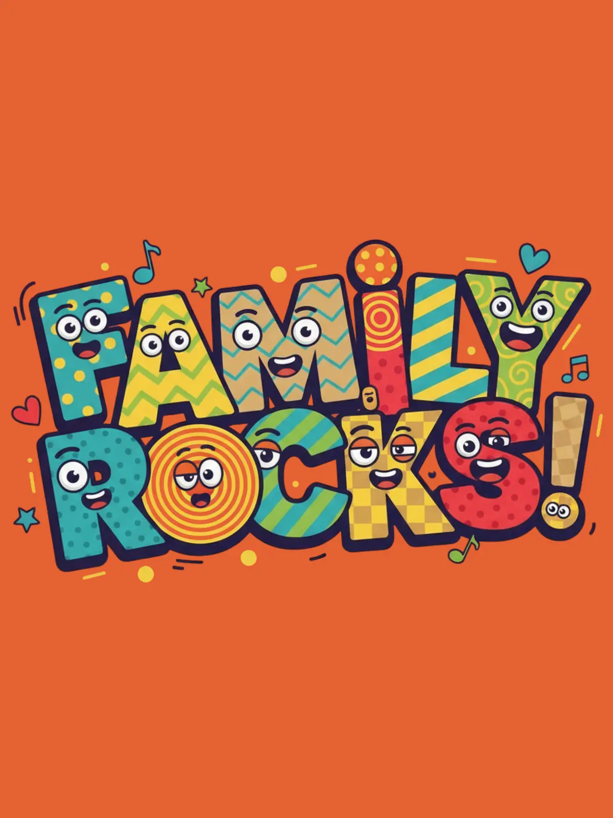 Bold Family Day card with uppercase text 'FAMILY ROCKS!' in a playful, geometric style, perfect for celebrating family love and appreciation.