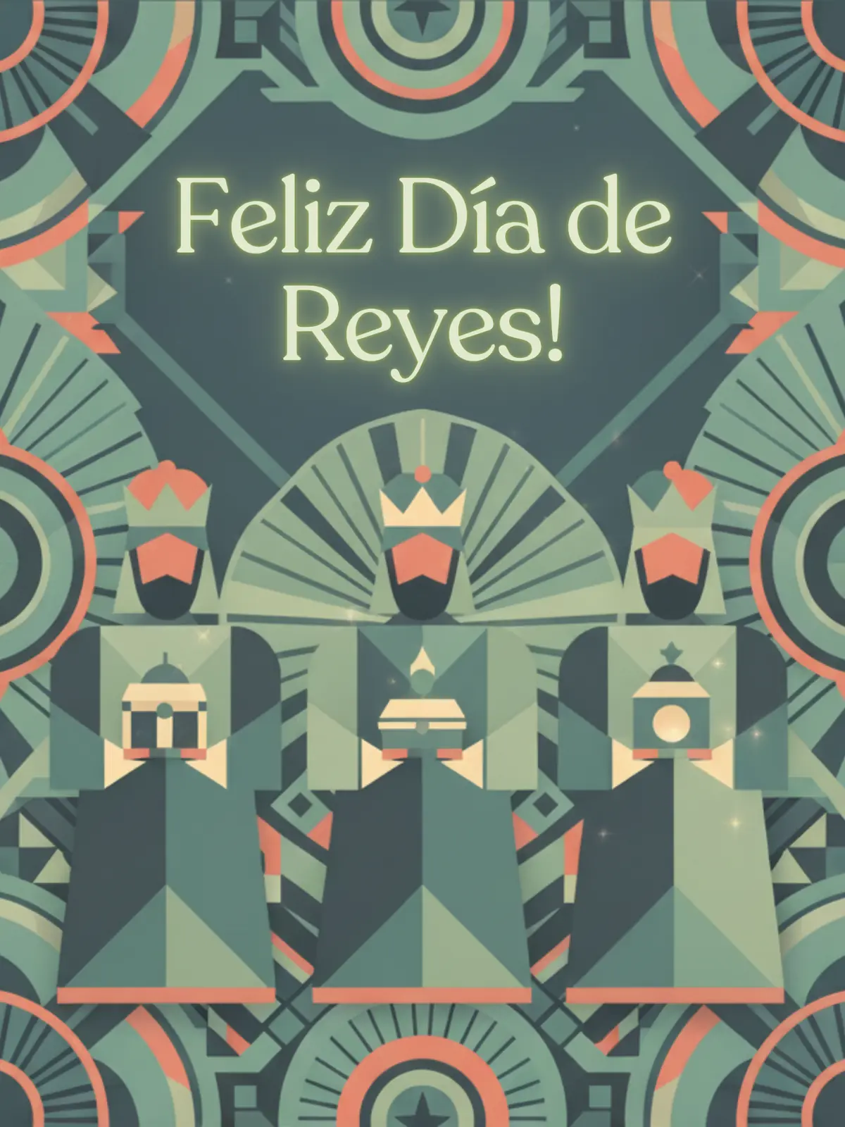Geometric Día de Reyes greeting card featuring stylish illustrations and vibrant colors, perfect for sending warm holiday wishes.