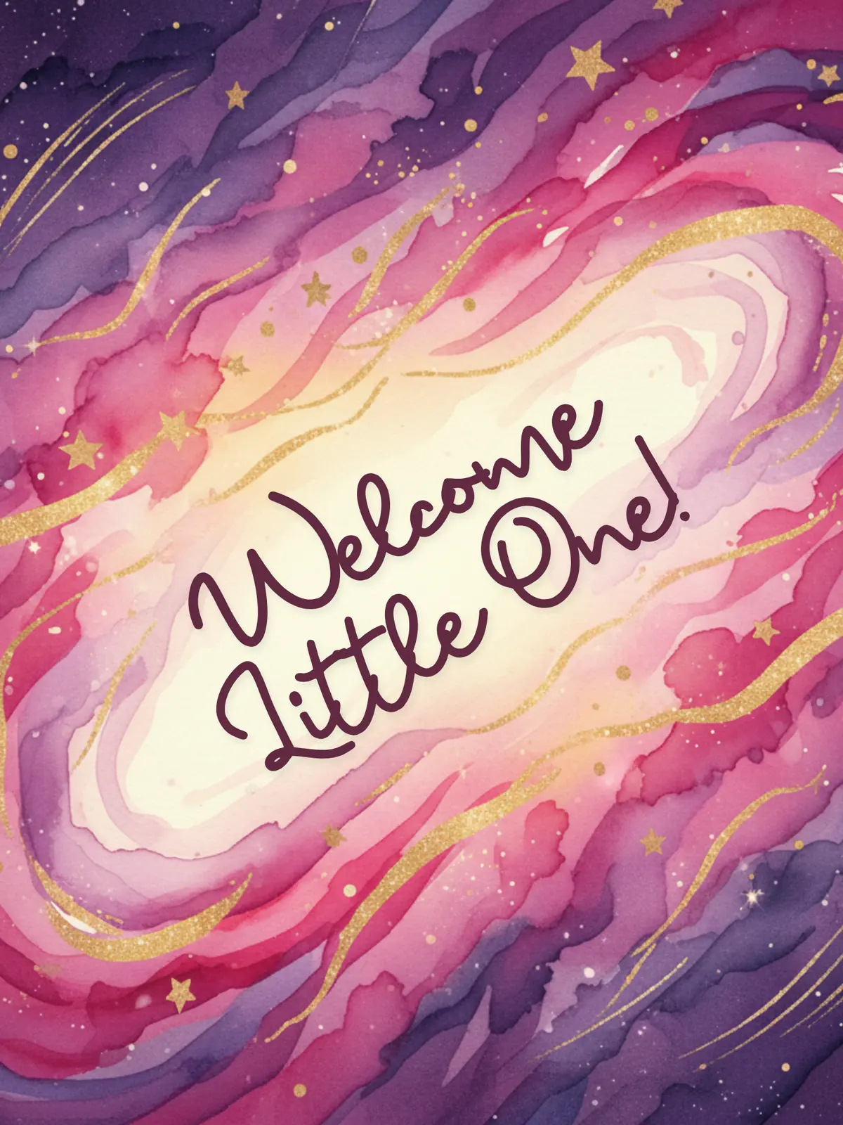 Dreamy watercolor baby shower card featuring celestial nebula design in soft blues, purples, and pinks, evoking serenity and wonder.