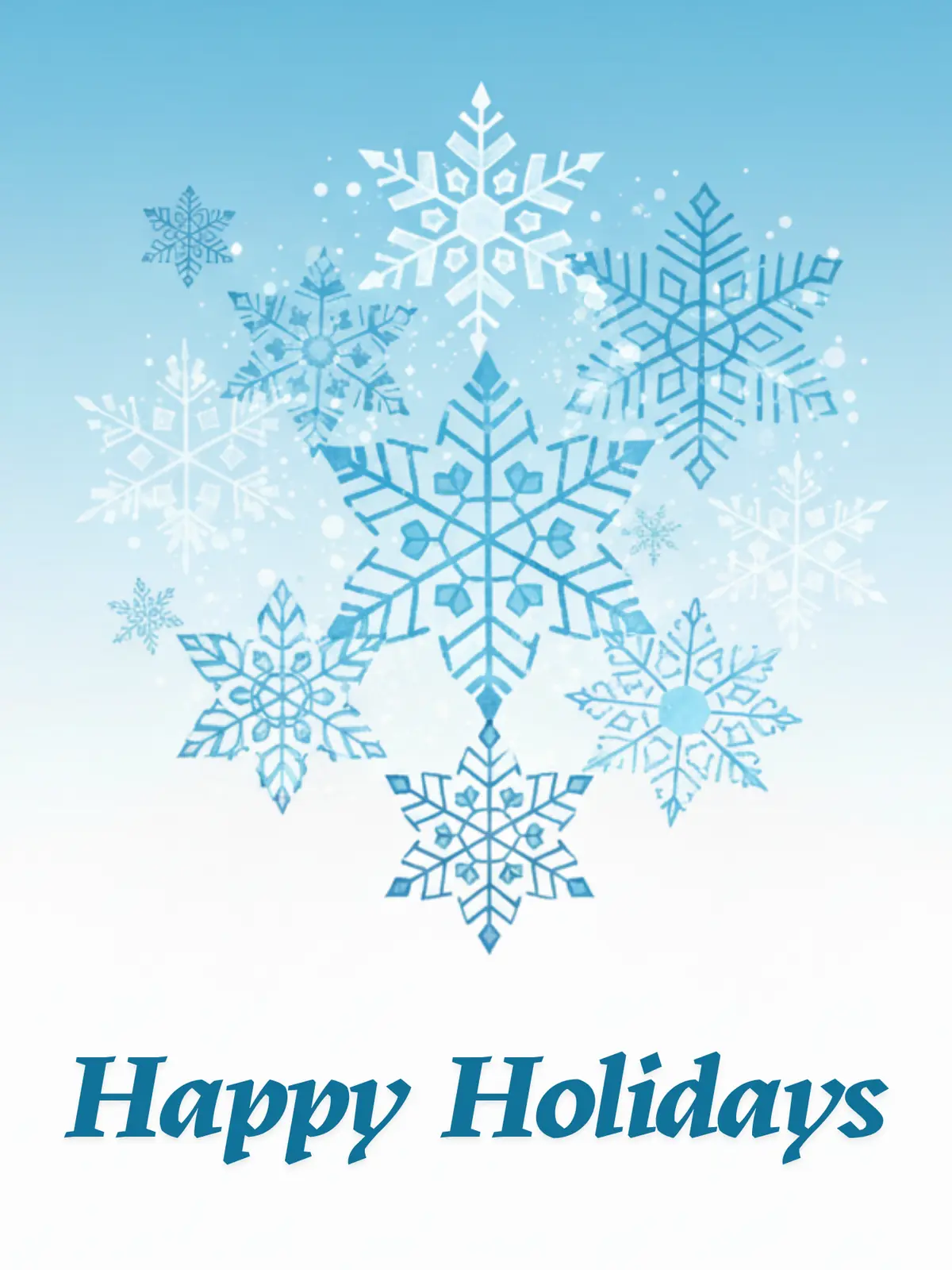 Modern winter holiday card with geometric snowflake design, sans-serif font, watercolor style, suitable for colleagues and friends
