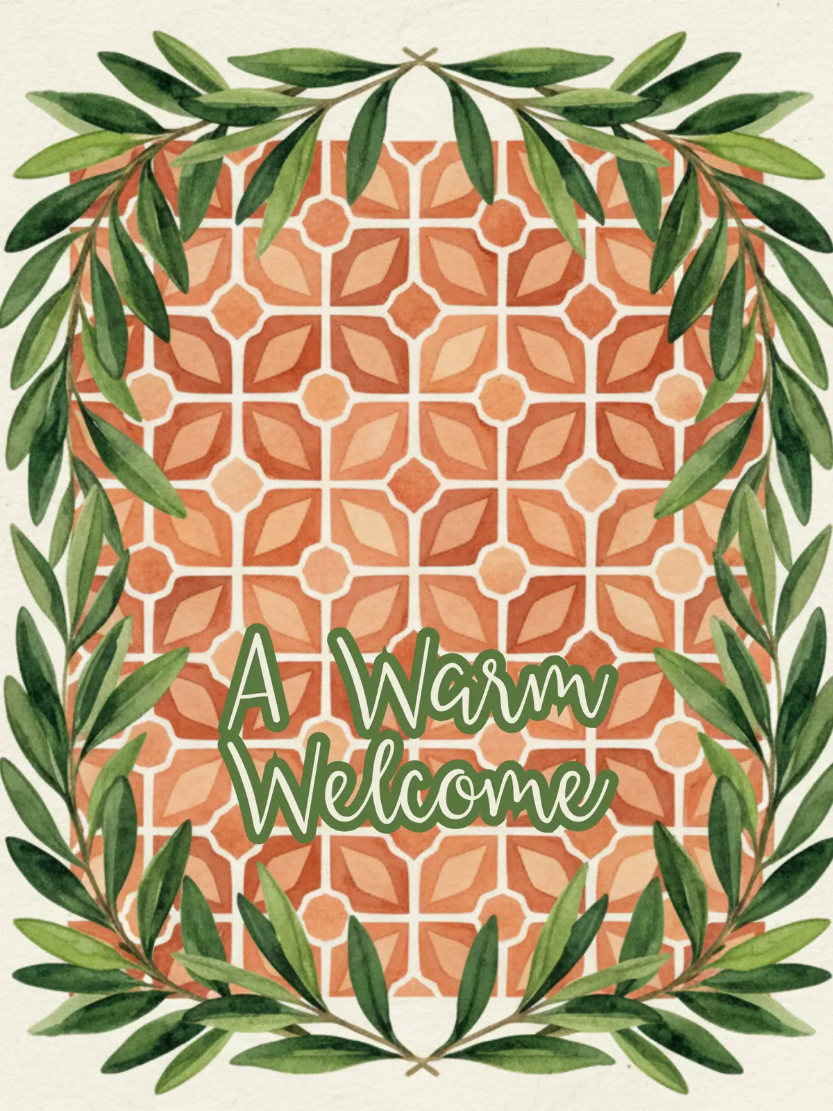 Mediterranean welcome card featuring watercolor olive branches and terracotta tiles, artistic design style for new home or colleague welcome.