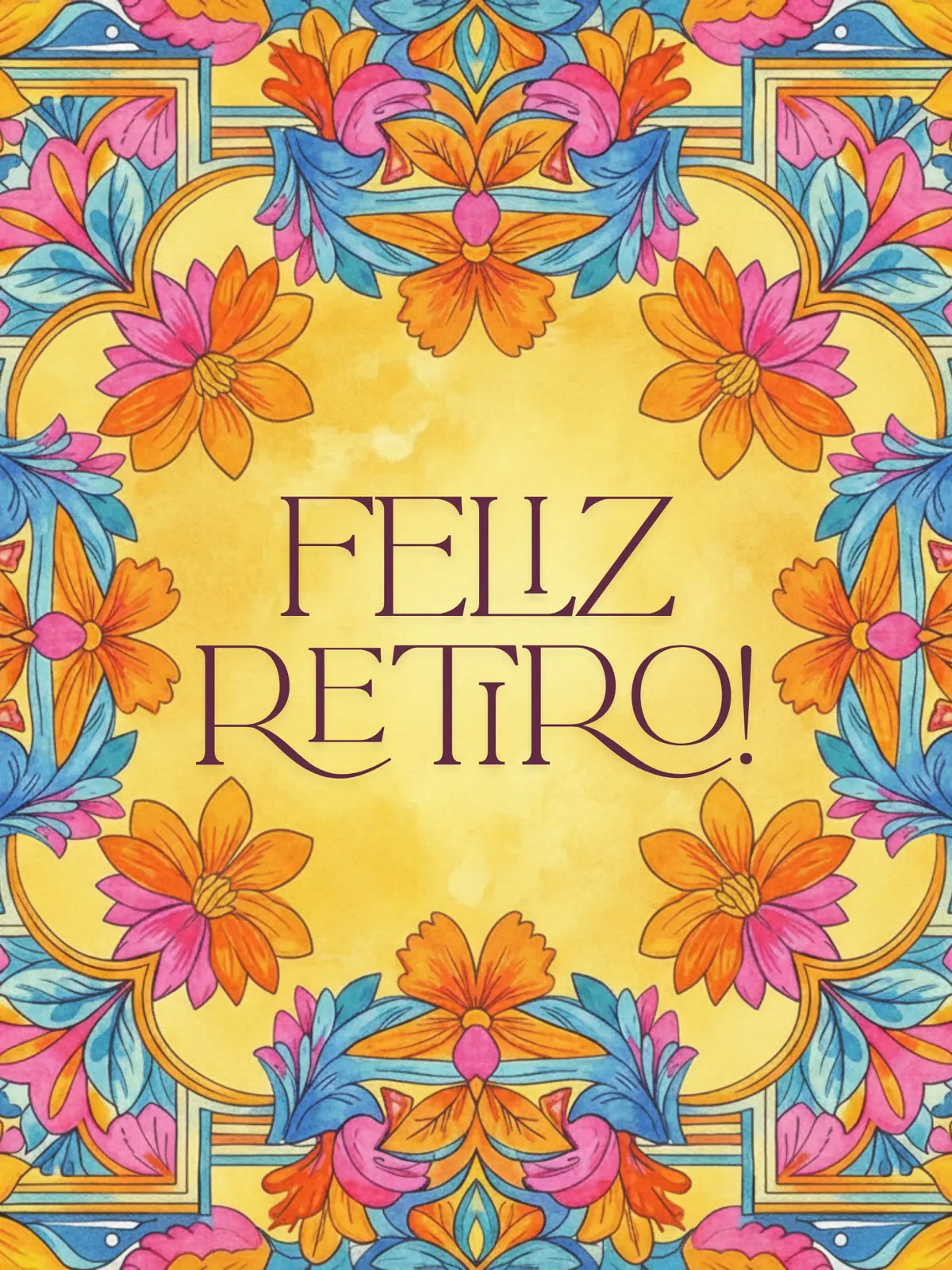Watercolor retirement card featuring Mexican folk art designs with vibrant flowers, birds, and geometric patterns.