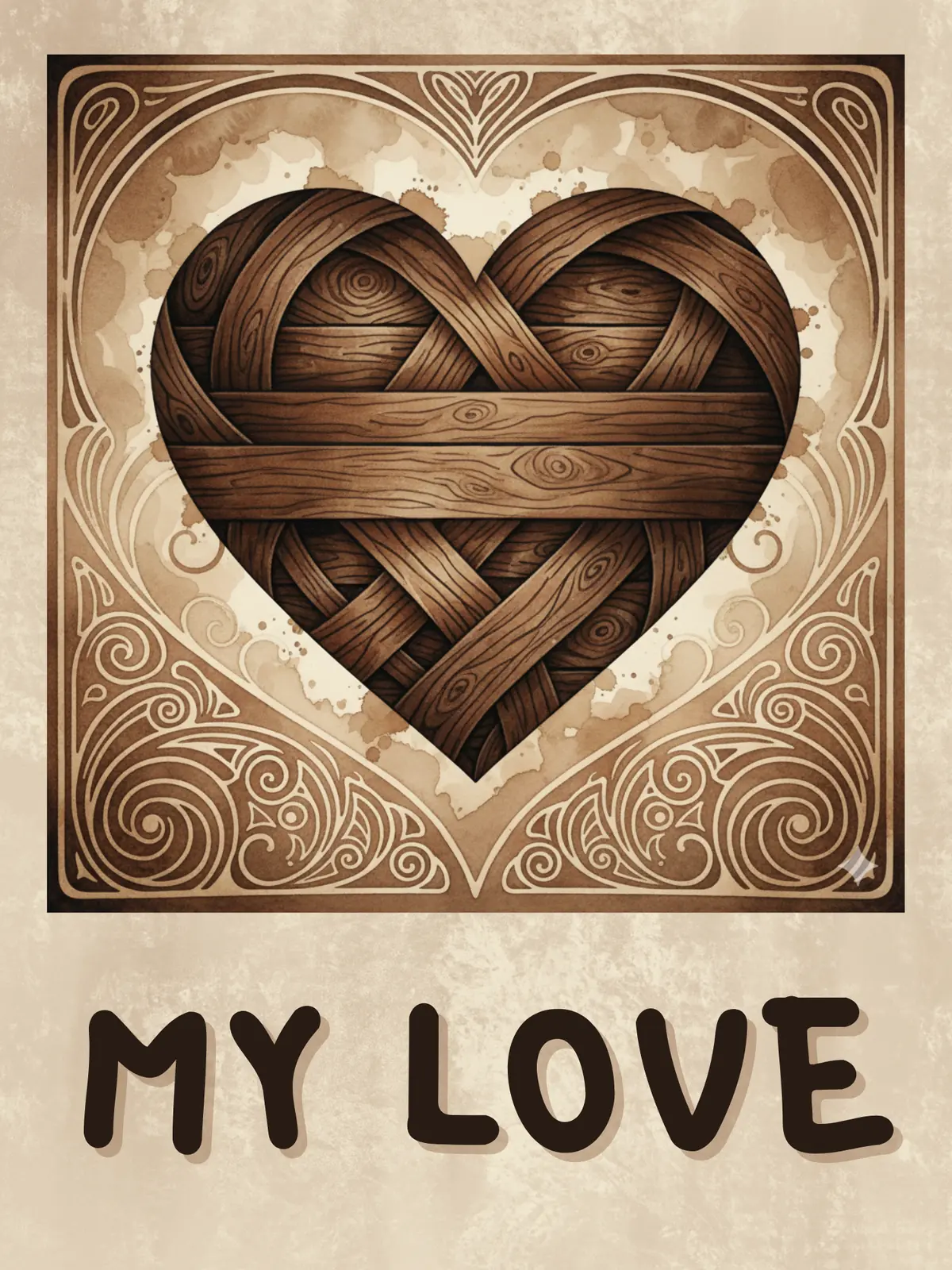 Rustic Valentine's card featuring wooden hearts and a wood grain background, watercolor artistic style, perfect for Valentine's week, conveys love and affection.