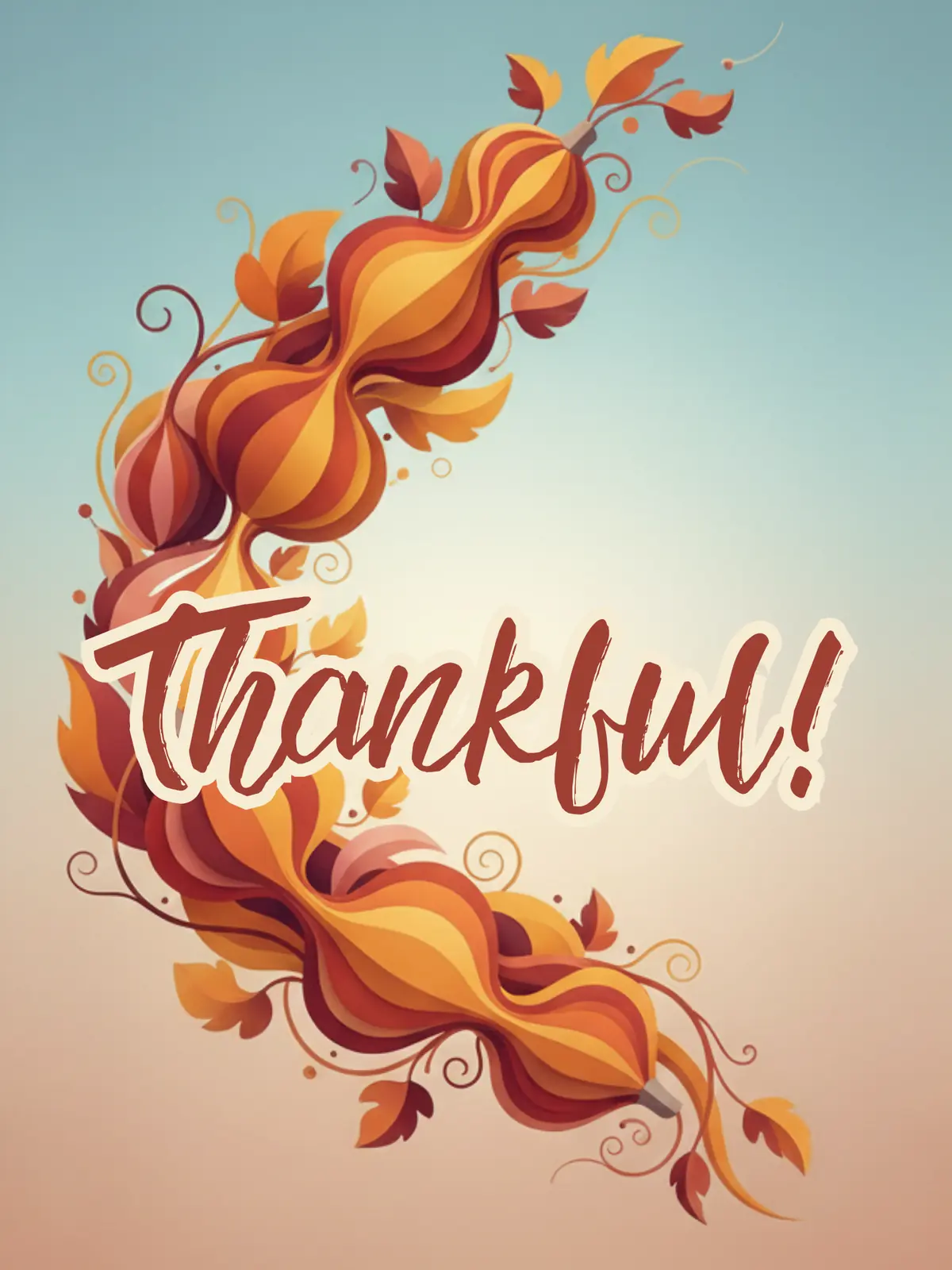 Modern abstract Thanksgiving card with organic curved shapes in warm autumn colors, Art Nouveau style, expressing thanks and gratitude.