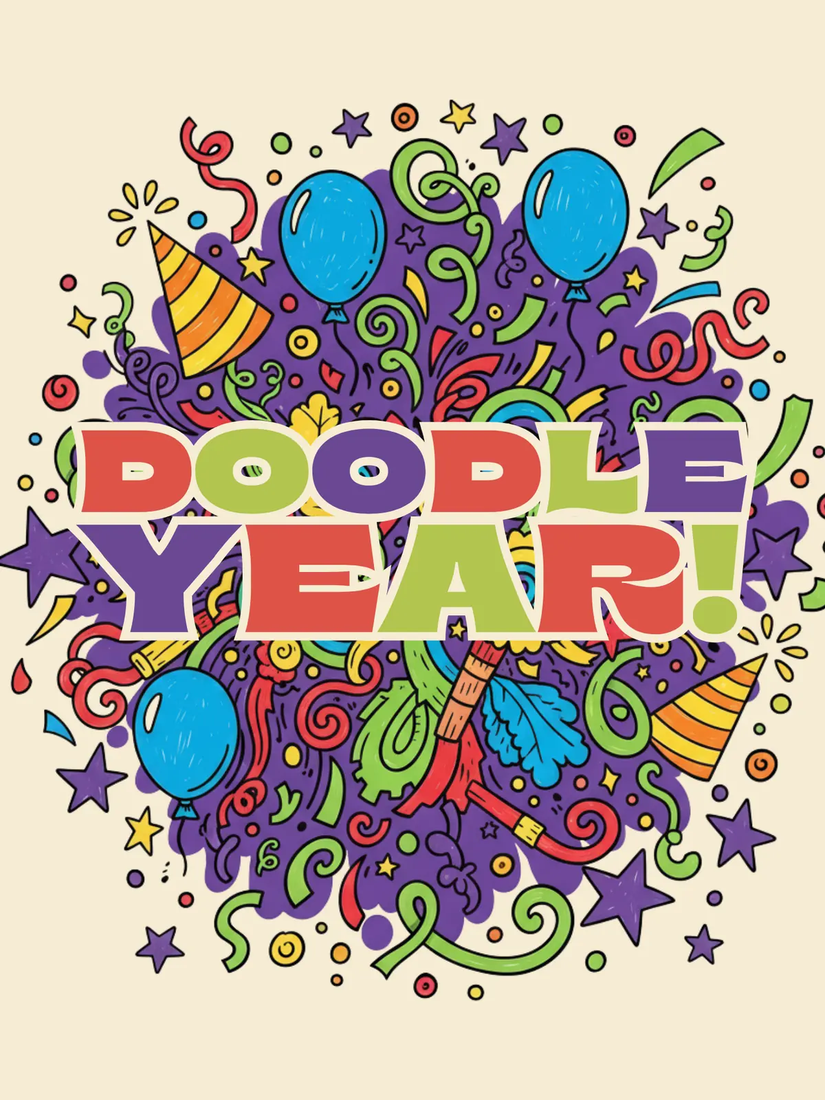 Colorful hand-drawn New Year card with playful doodle elements, vibrant colors, and a whimsical design style, perfect for sending joyful New Year greetings to friends and family.