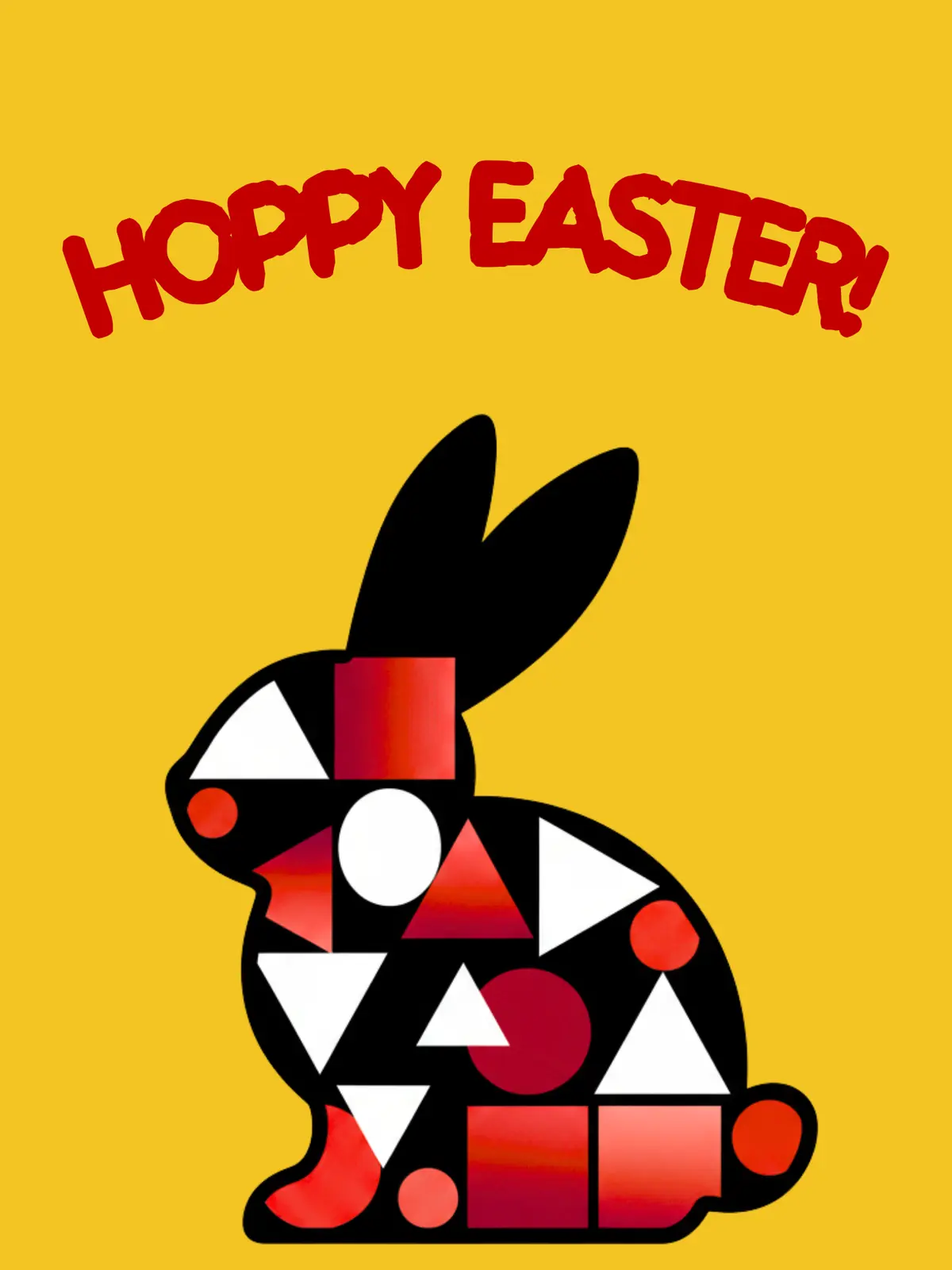 Humorous Easter card featuring a bunny silhouette filled with geometric patterns and bold uppercase "Bunny Easter!" text, modern whimsical design, perfect for teens and friends.