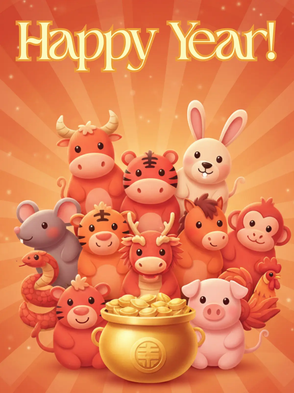 Playful Chinese New Year card featuring cartoon zodiac animals in warm colors, humorous and whimsical design suitable for kids and friends.
