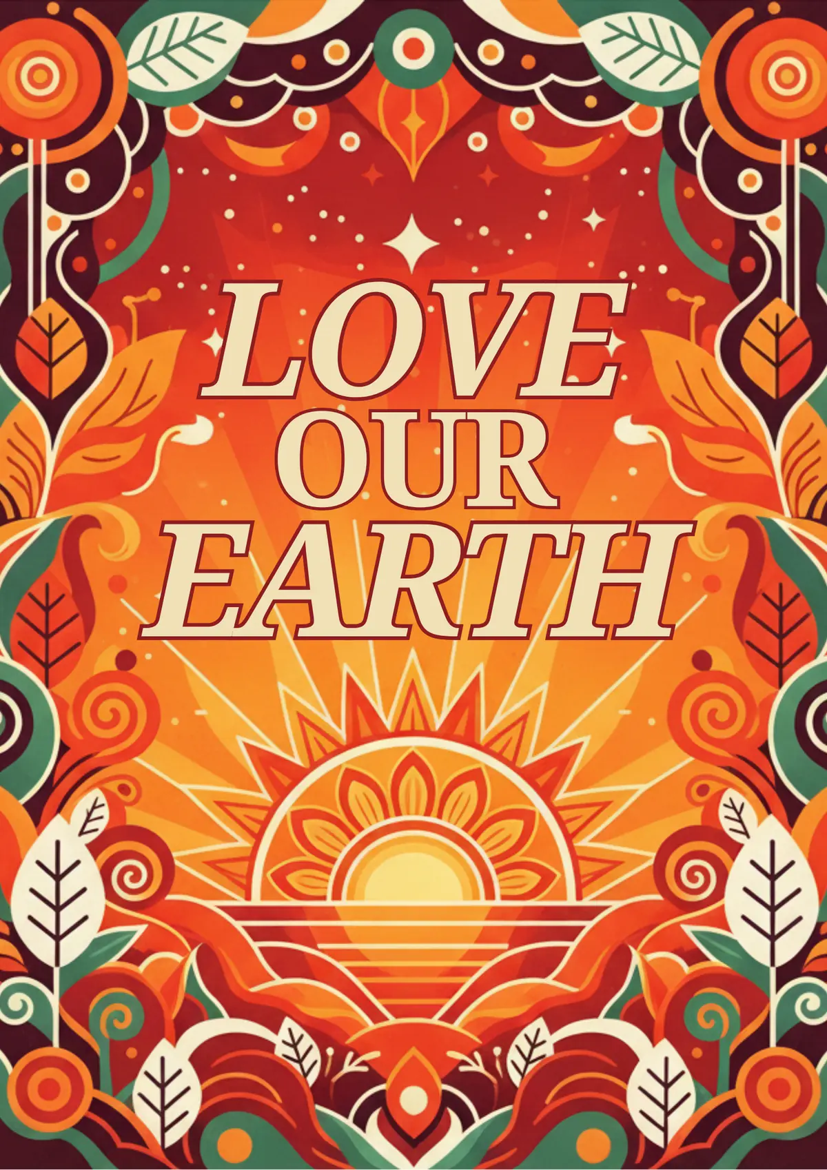 Retro Earth Day card with warm colors, vibrant flowers, and a sunset background, ideal for sending Earth Day greetings.