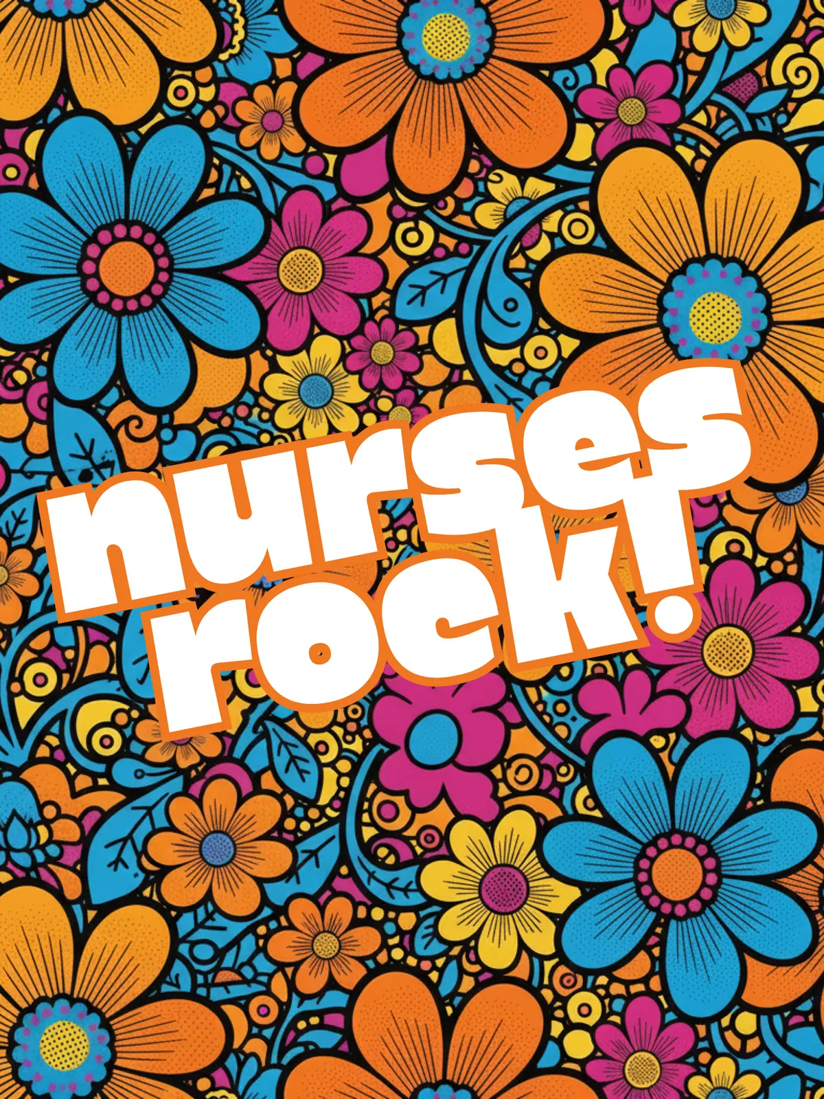 Vibrant Pop Art style Nurses Day card with bold floral designs and comic book elements, perfect for celebrating and thanking nurses.