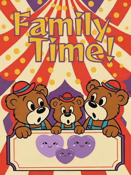 Humorous Family Day card featuring vintage carnival poster design, bold red and yellow typography, and playful graphics, perfect for family celebrations.